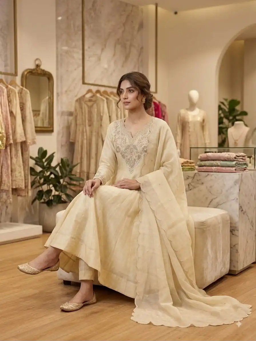 Simple Off White Cos Moss Embroidery Work Salwar Suit - Image 5