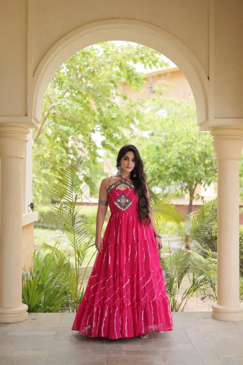 Simple Pink Faux Georgette Bandhani Print Work Gown - Image 5
