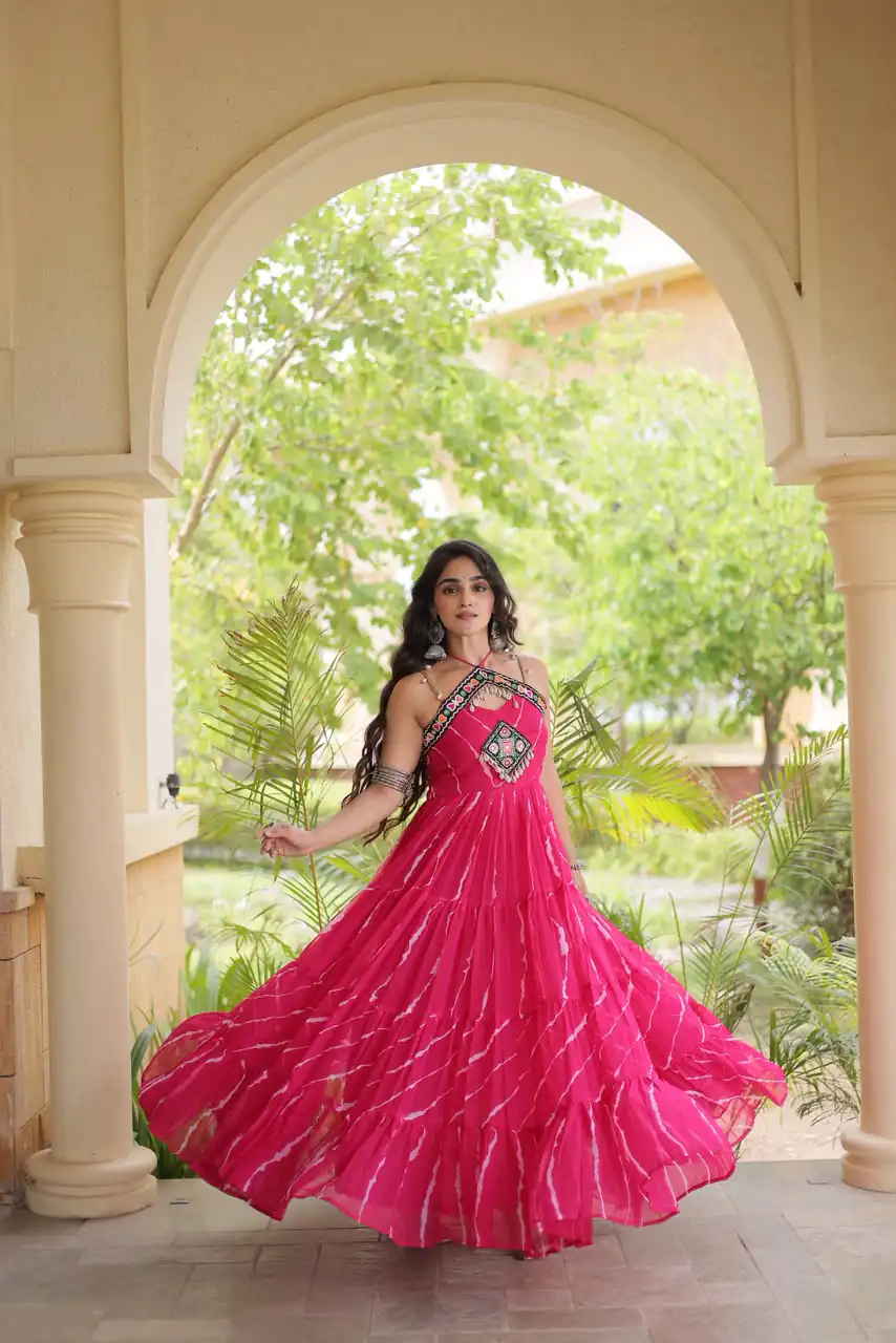 Simple Pink Faux Georgette Bandhani Print Work Gown - Image 4