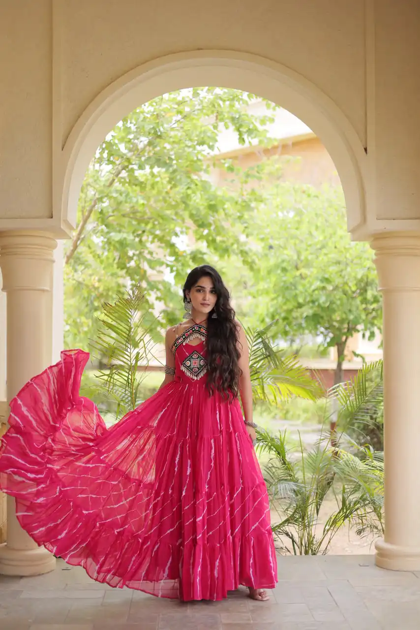 Simple Pink Faux Georgette Bandhani Print Work Gown