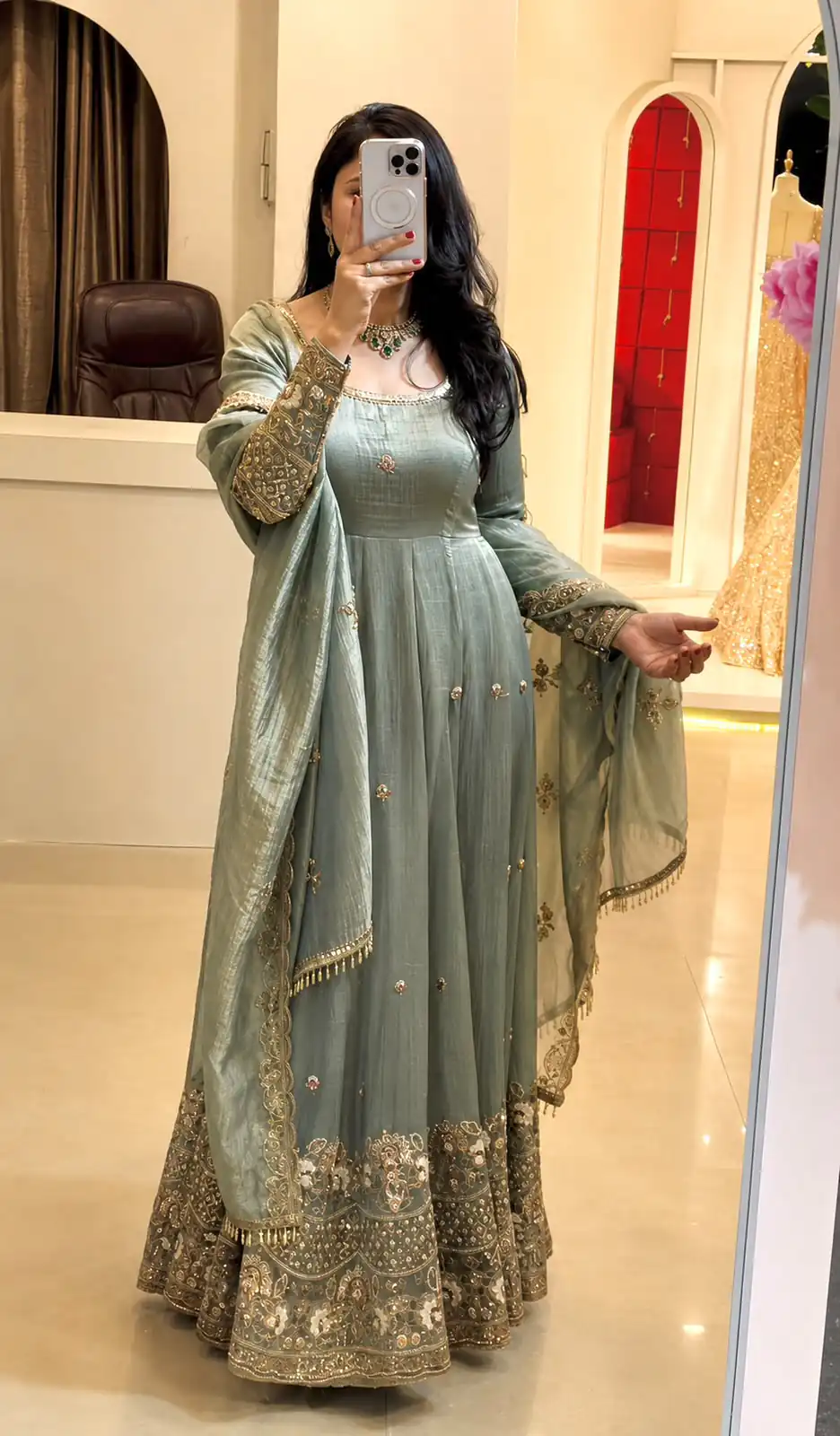 Stunning Grey Crunchy Silk Sequence Work Gown - Image 3