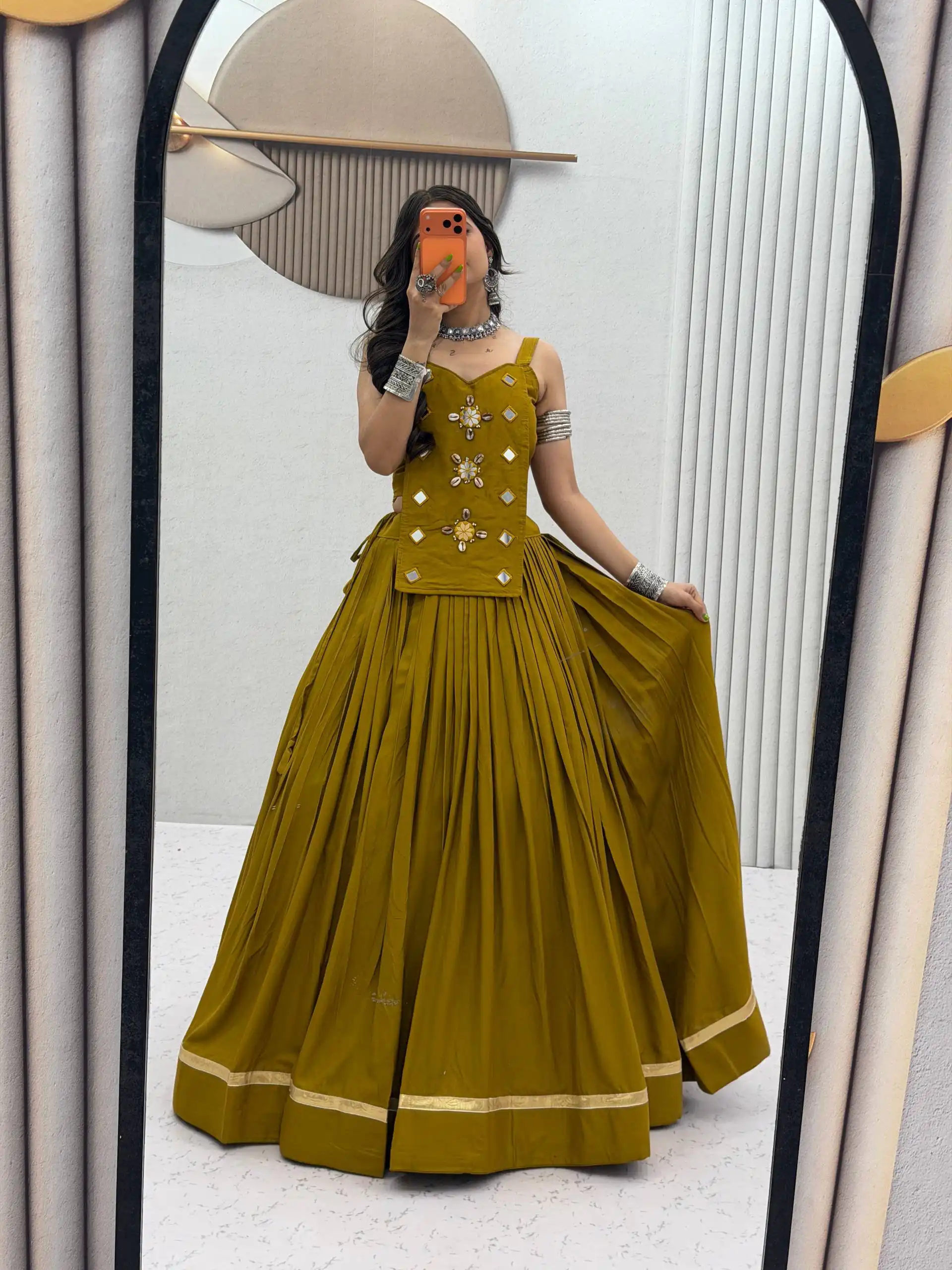 Stylish Mustered Cotton Cowrie Work Lehenga Choli