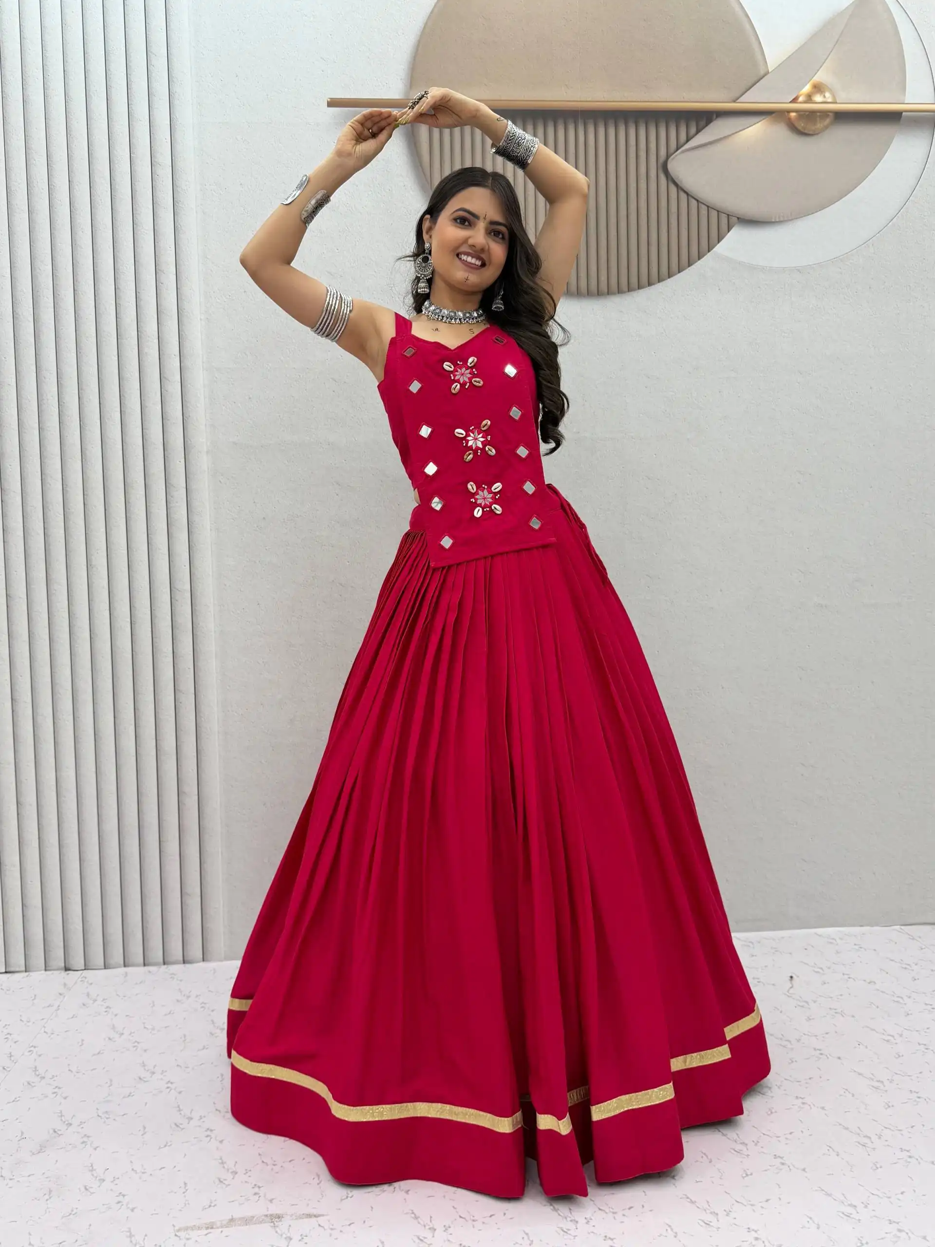 Stylish Pink Cotton Cowrie Work Lehenga Choli