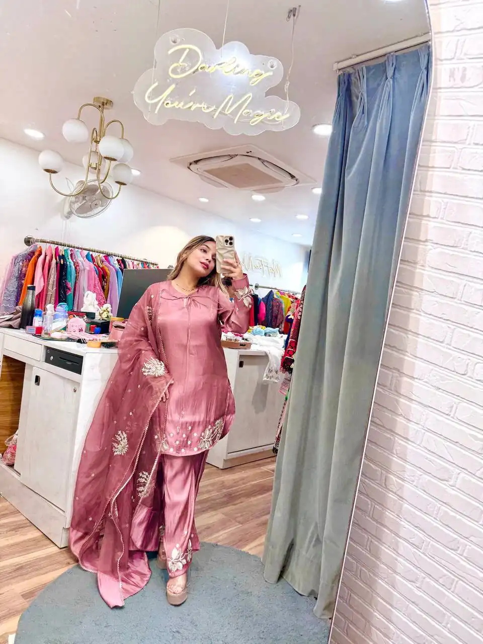Stylish Pink Natural Crep Sequence Work Salwar Suit
