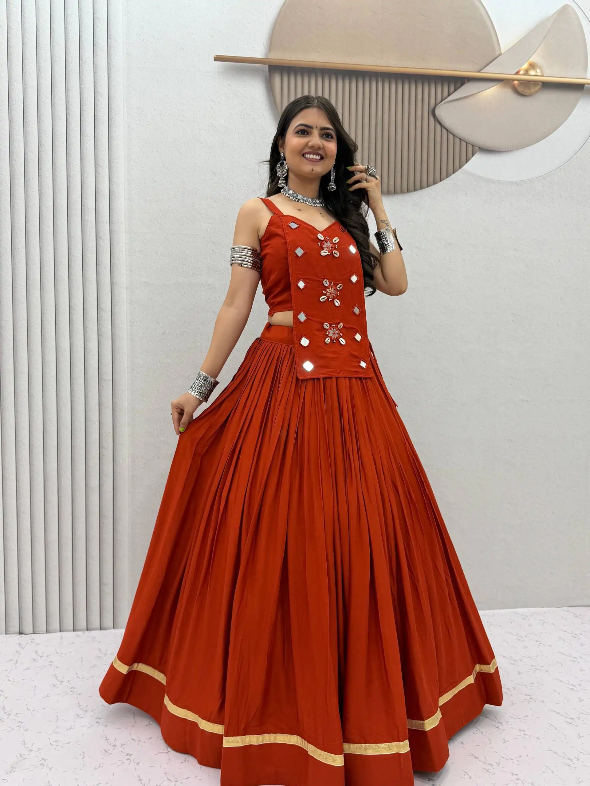 Stylish Rust Cotton Cowrie Work Lehenga Choli - Image 5