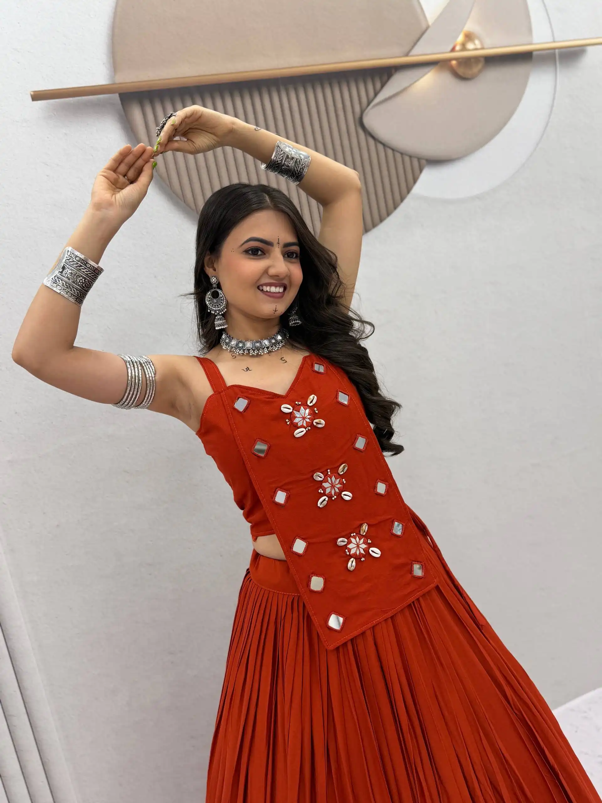 Stylish Rust Cotton Cowrie Work Lehenga Choli - Image 4