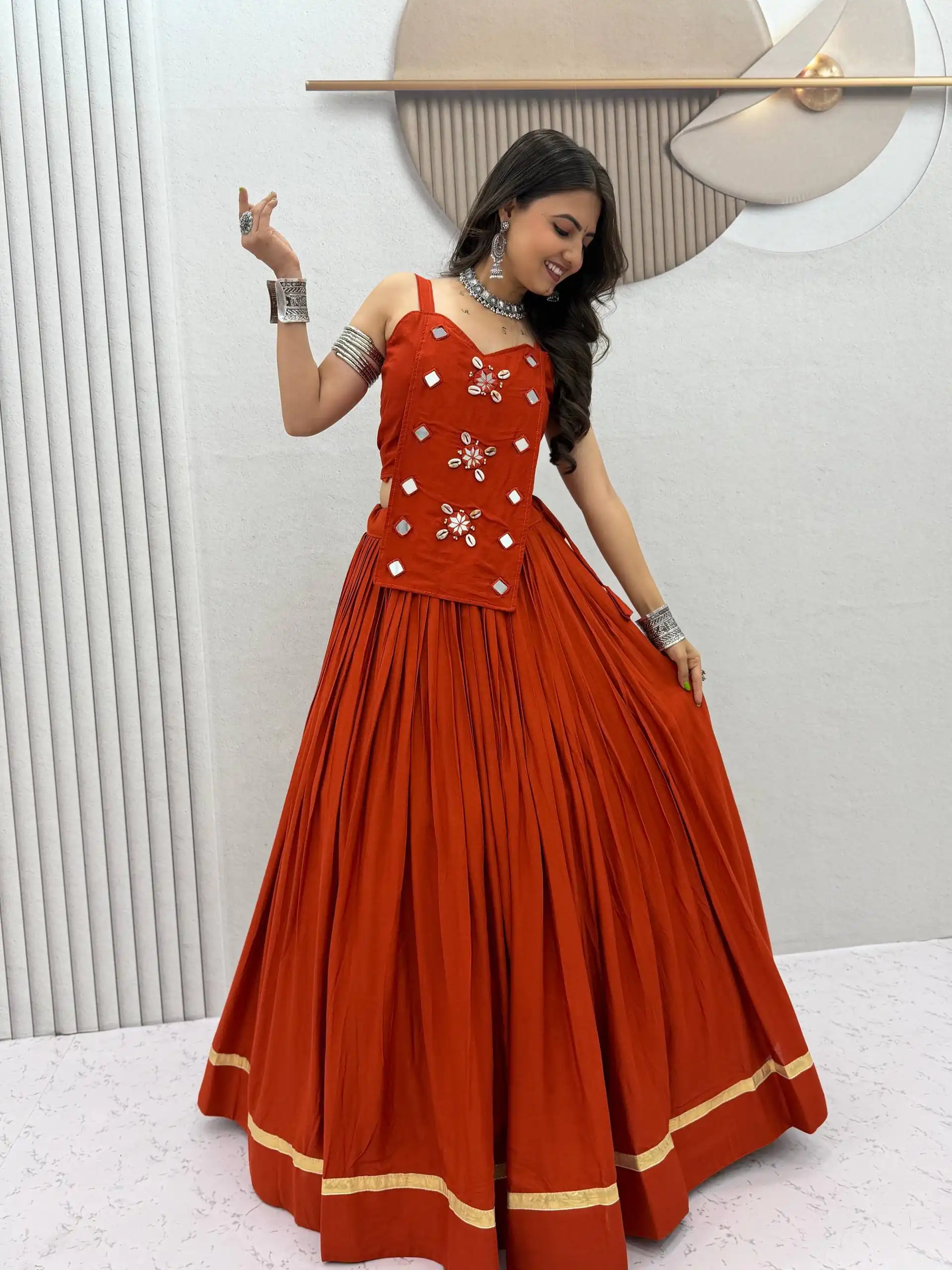 Stylish Rust Cotton Cowrie Work Lehenga Choli - Image 2