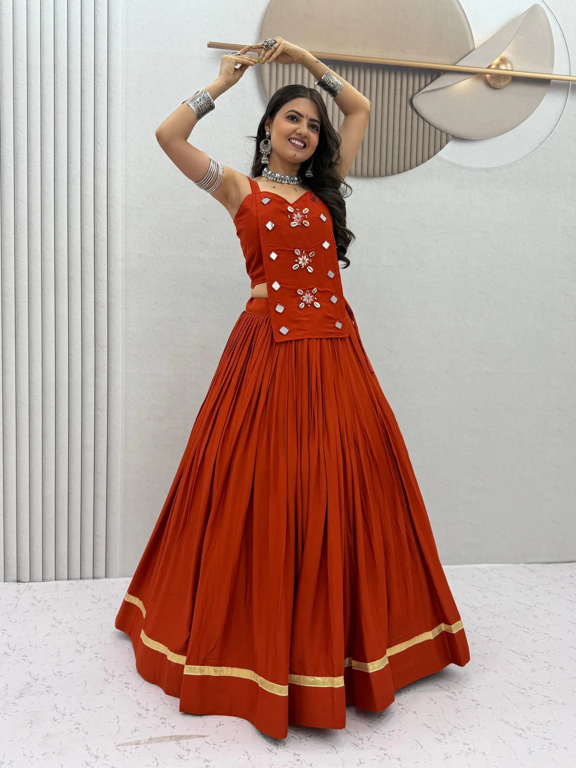 Stylish Rust Cotton Cowrie Work Lehenga Choli