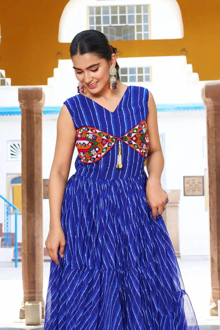 Stylist Blue Georgette Bandhani Print Work Gown - Image 2