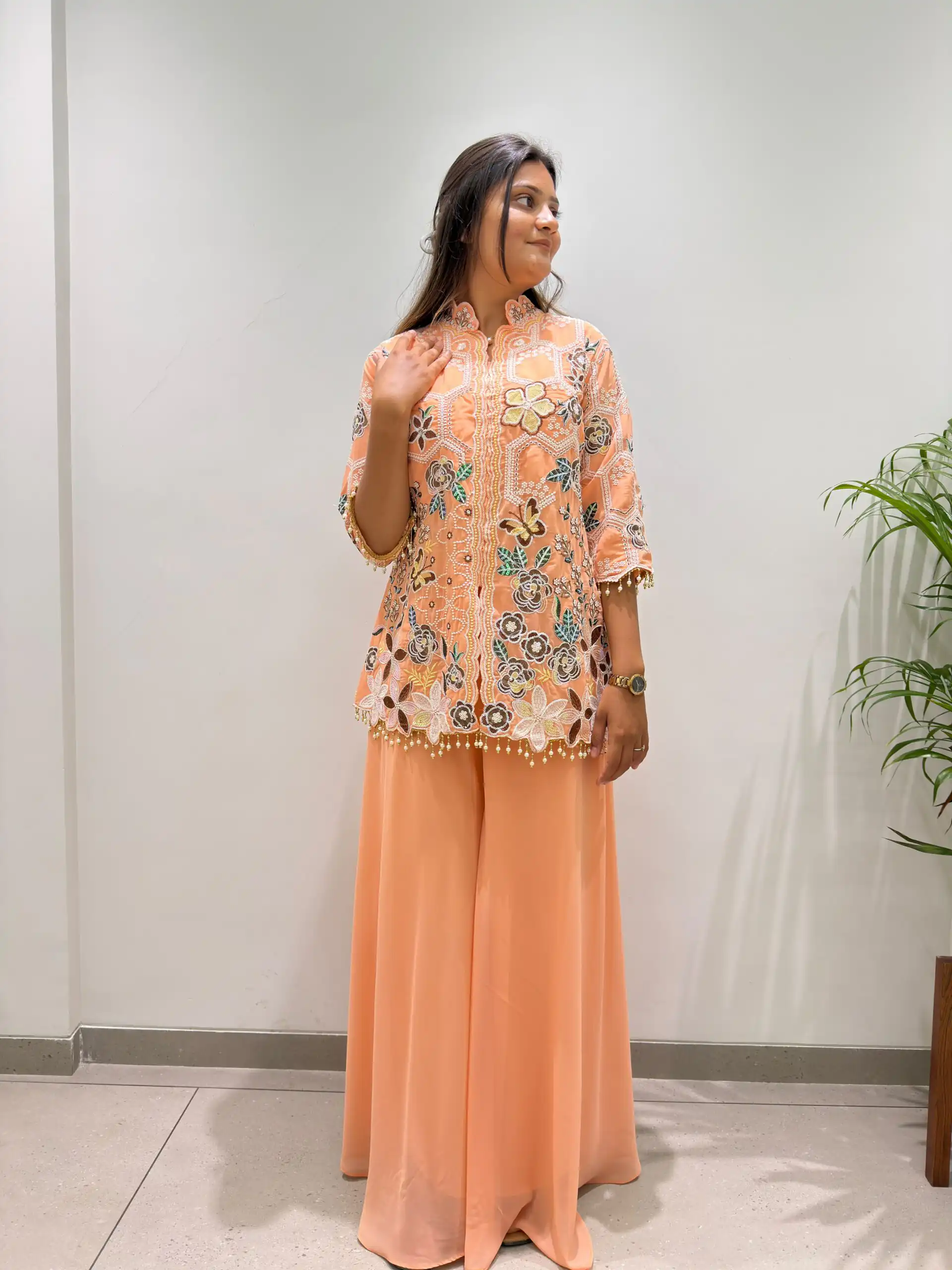 Stylist Peach Georgette Sequins Work Salwar Suit - Image 2
