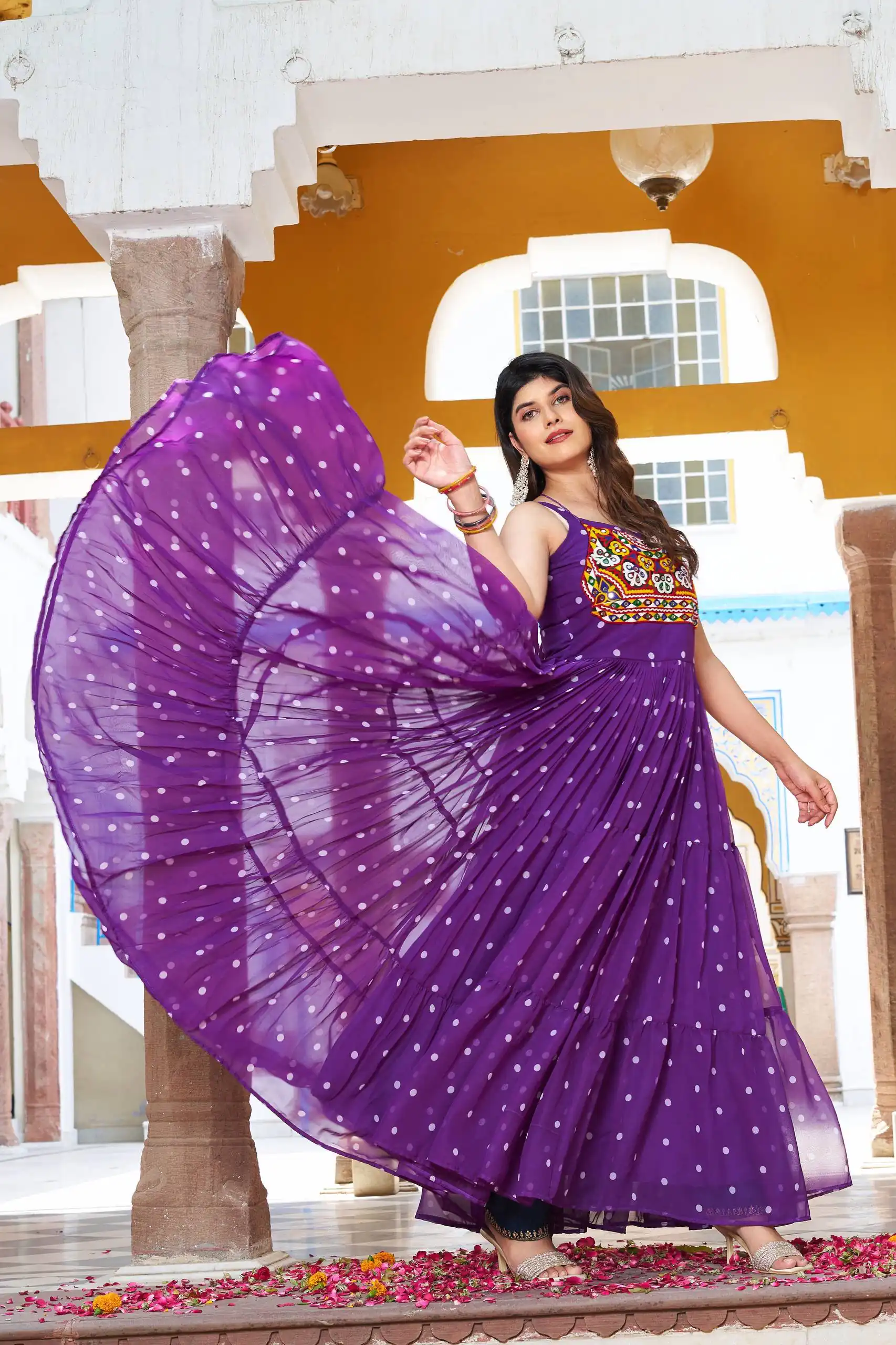 Stylist Purple Georgette Bandhani Print Work Gown - Image 4