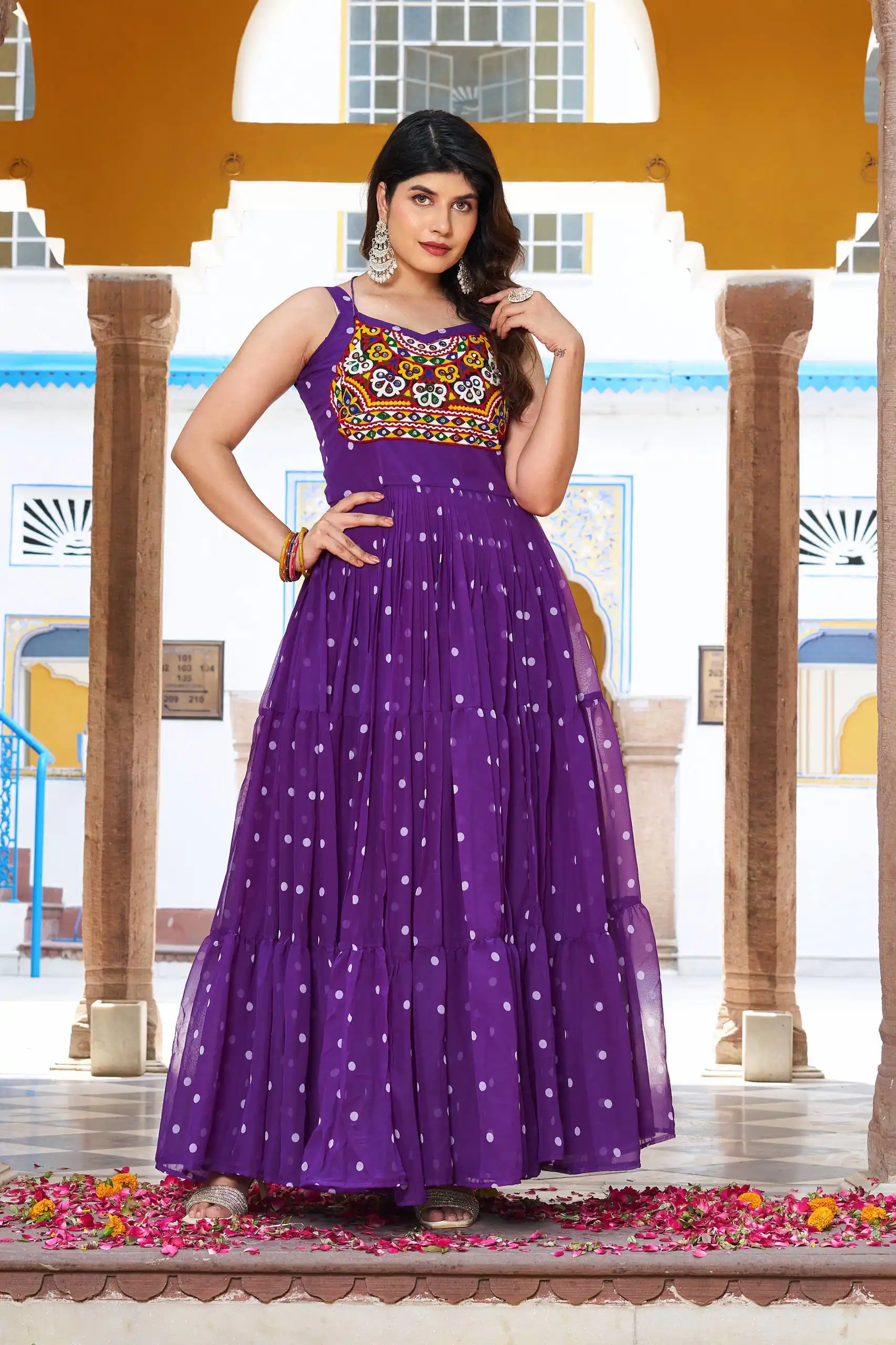 Stylist Purple Georgette Bandhani Print Work Gown