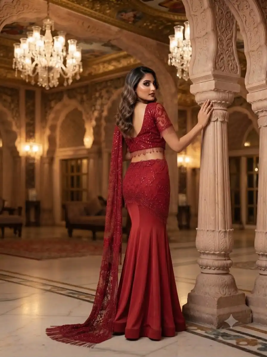Stylist Red Crap Silk Embroider Work Saree - Image 3