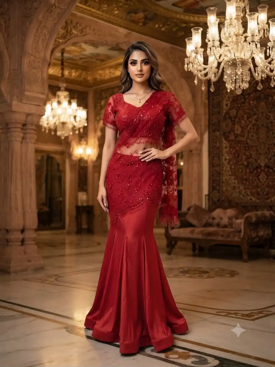 Stylist Red Crap Silk Embroider Work Saree