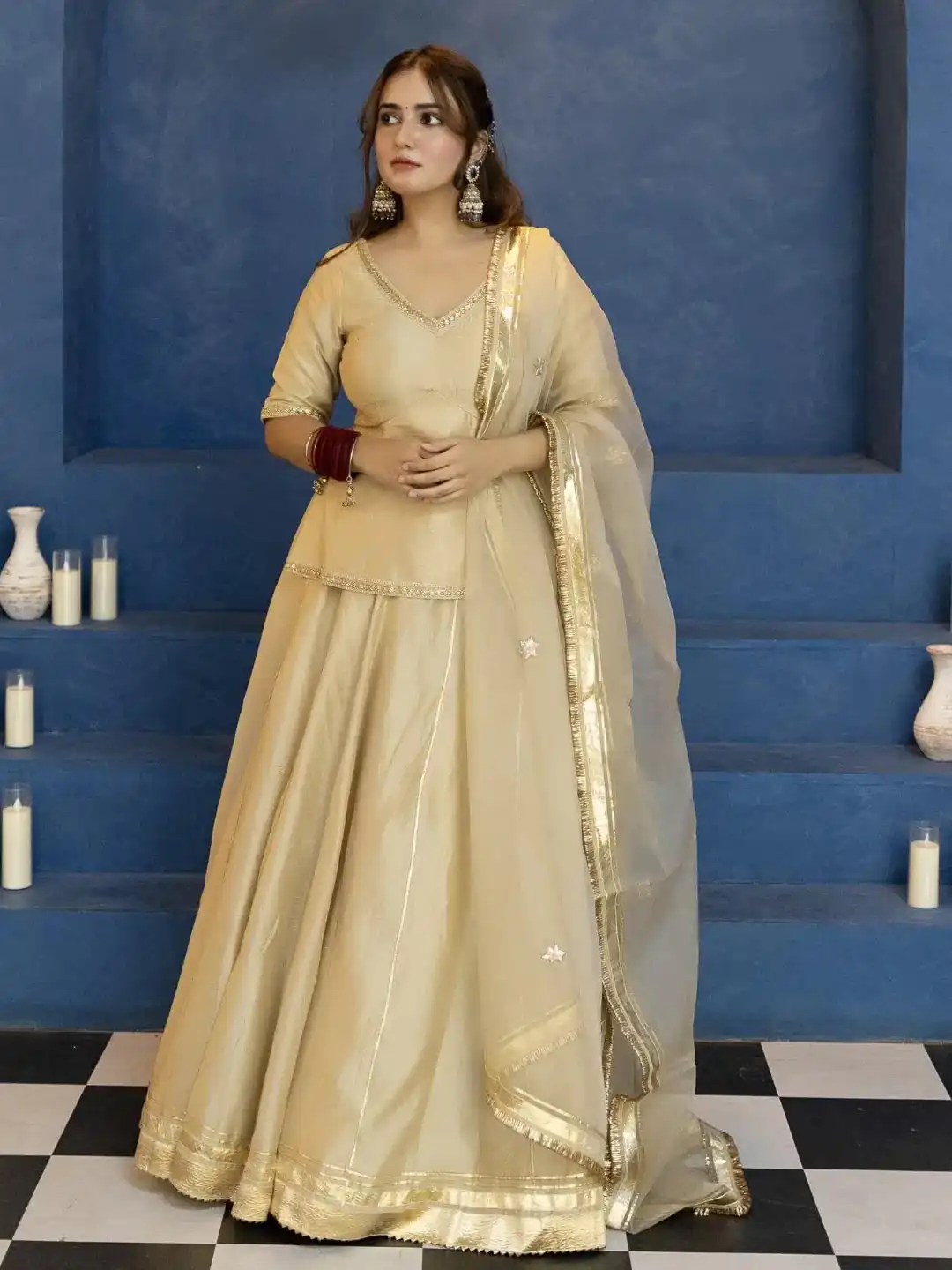 Super Cream Vichitra Silk Embroidery Work Salwar Suit