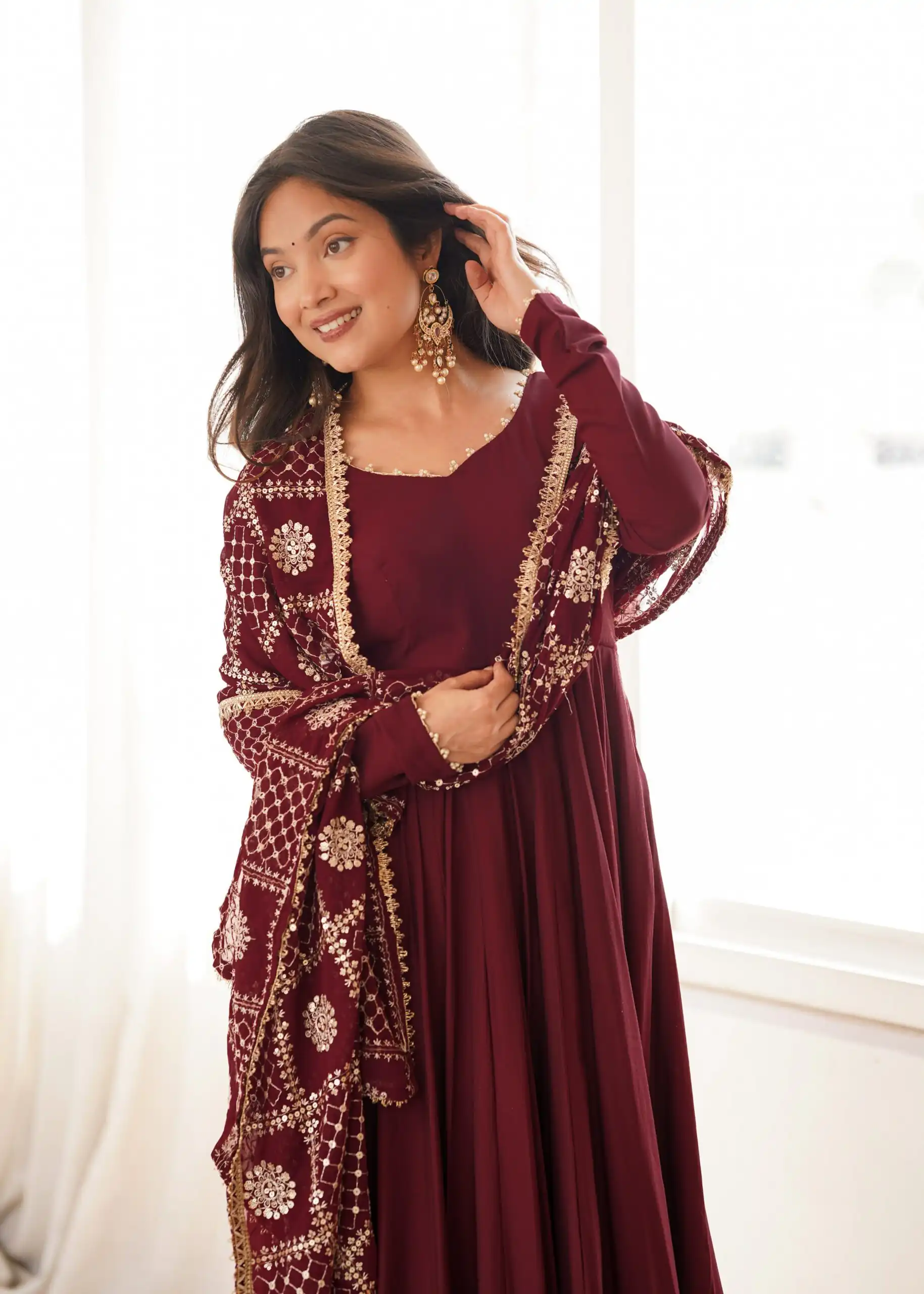 Super Maroon Roman Silk Chanderi Lace Work Anarkali Suit - Image 9