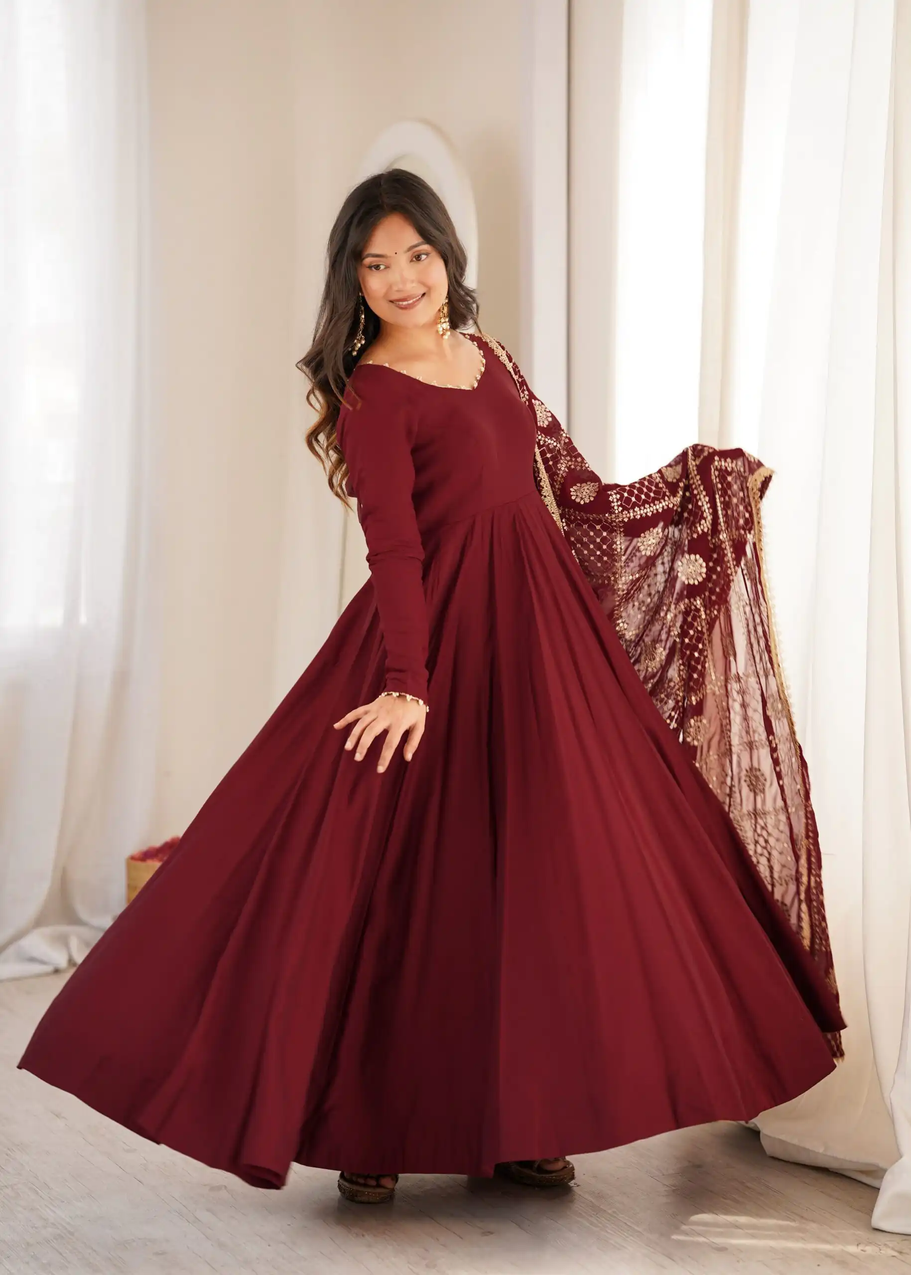 Super Maroon Roman Silk Chanderi Lace Work Anarkali Suit - Image 8