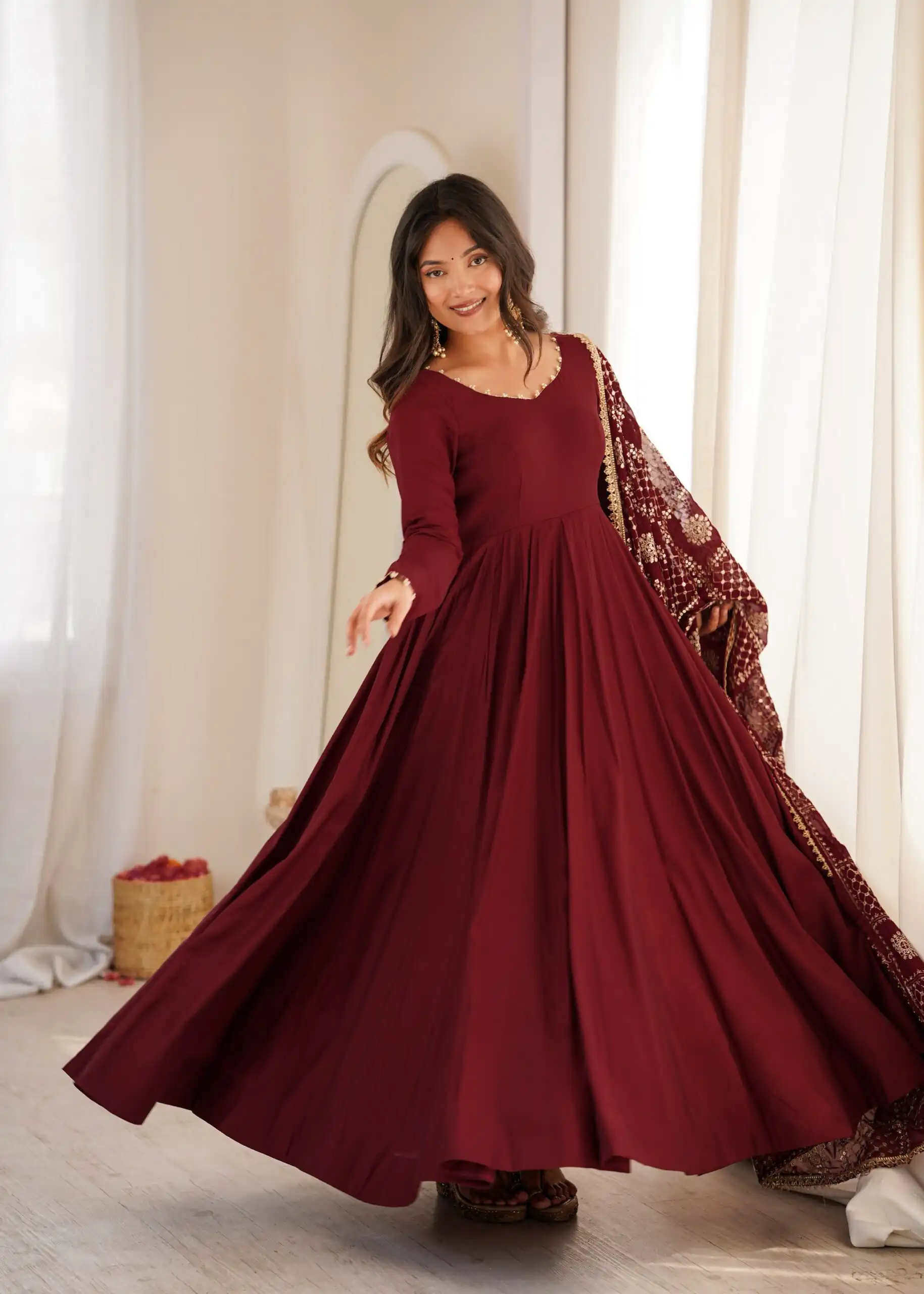 Super Maroon Roman Silk Chanderi Lace Work Anarkali Suit - Image 6