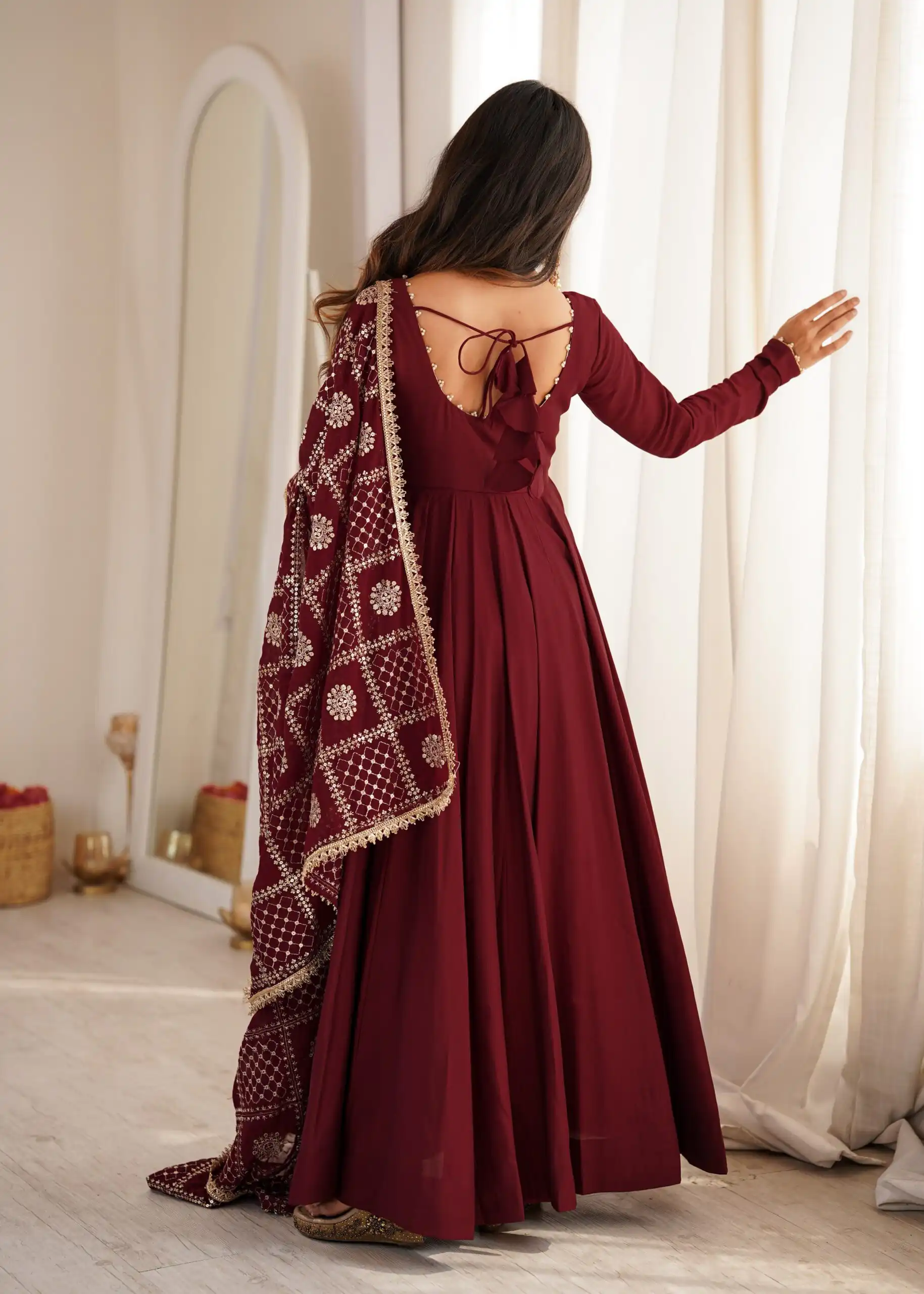Super Maroon Roman Silk Chanderi Lace Work Anarkali Suit - Image 4