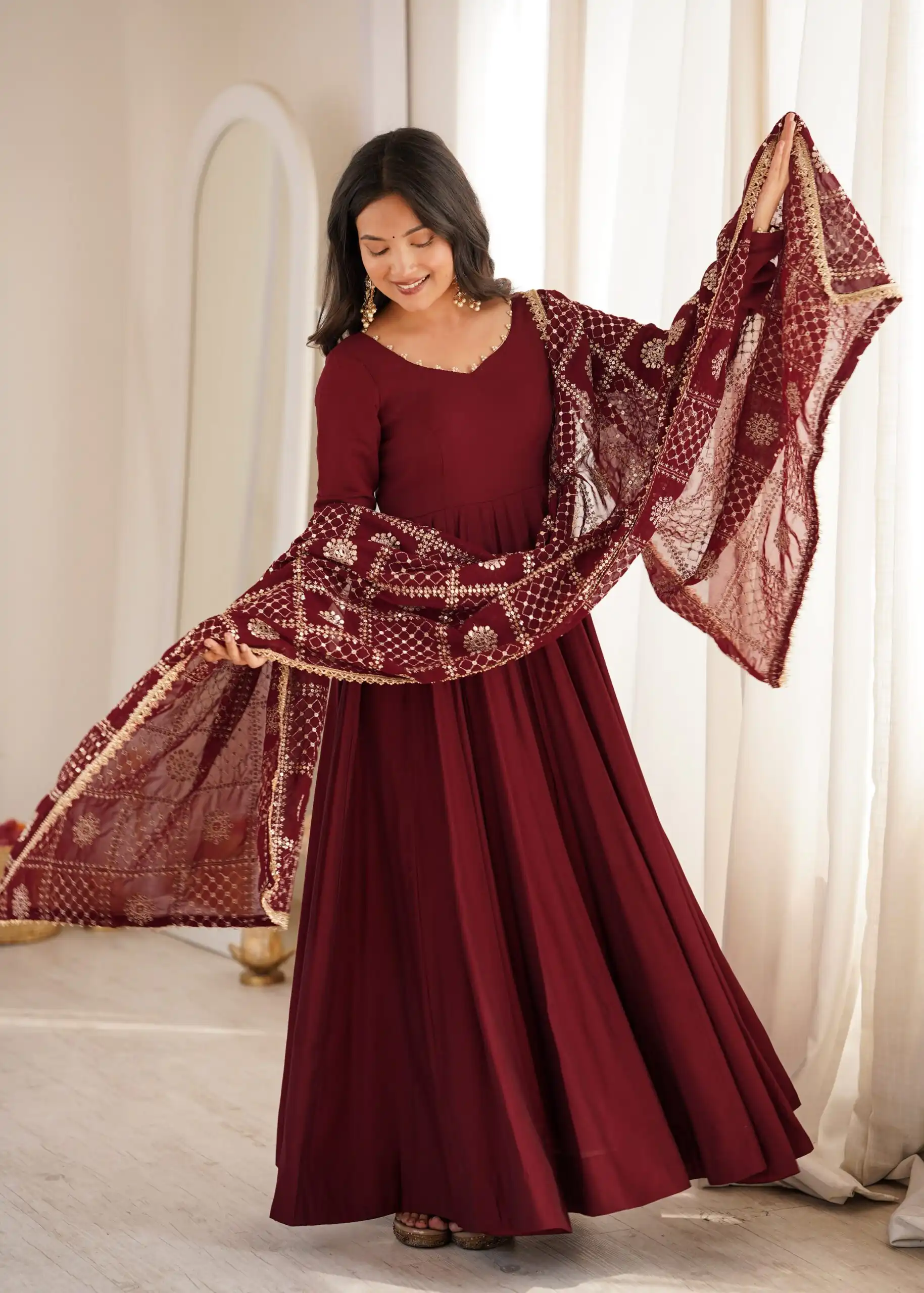 Super Maroon Roman Silk Chanderi Lace Work Anarkali Suit - Image 3