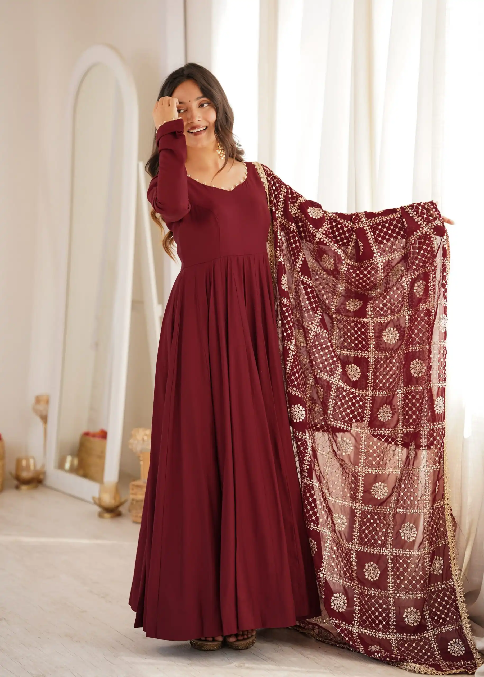 Super Maroon Roman Silk Chanderi Lace Work Anarkali Suit - Image 2
