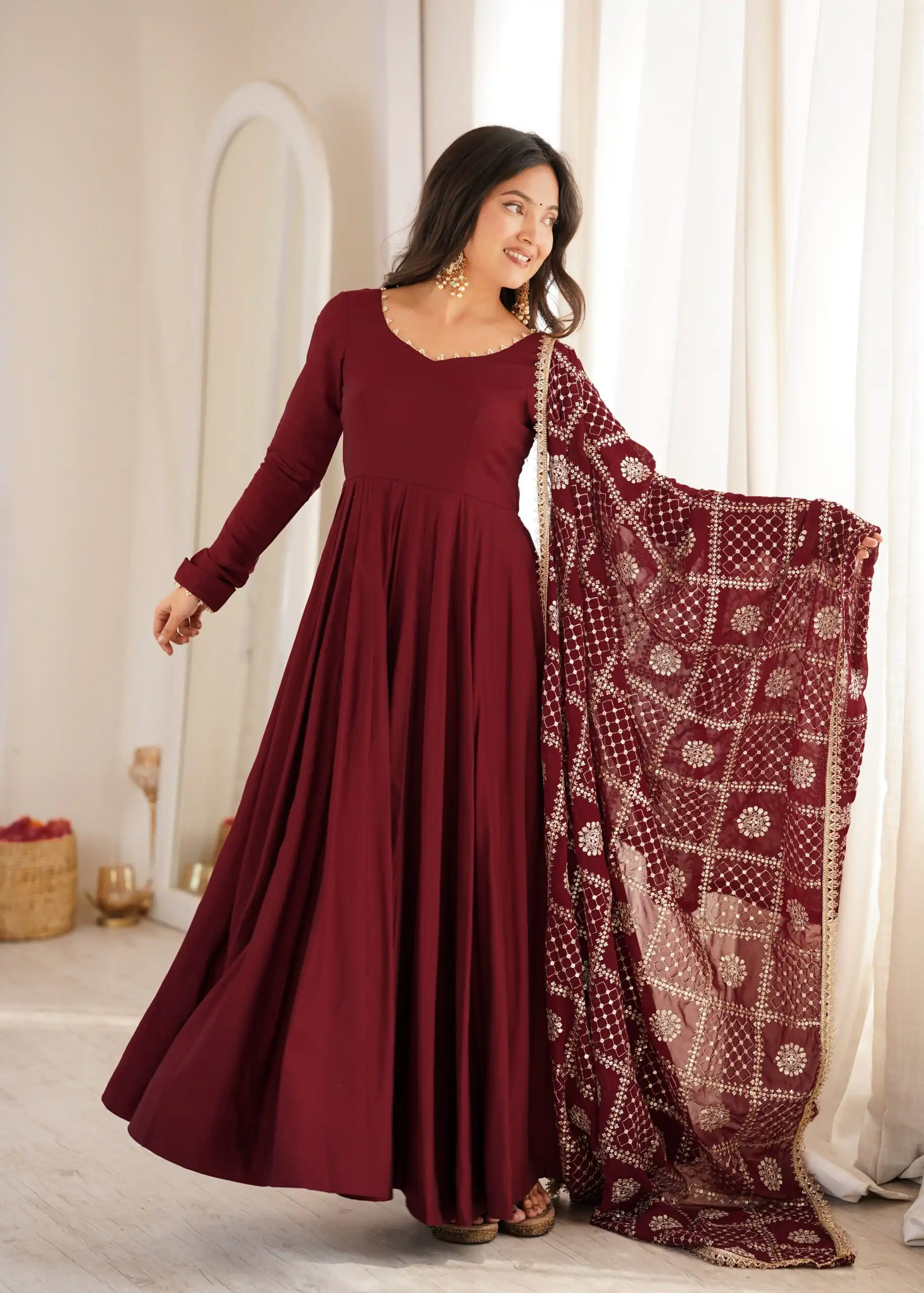 Super Maroon Roman Silk Chanderi Lace Work Anarkali Suit