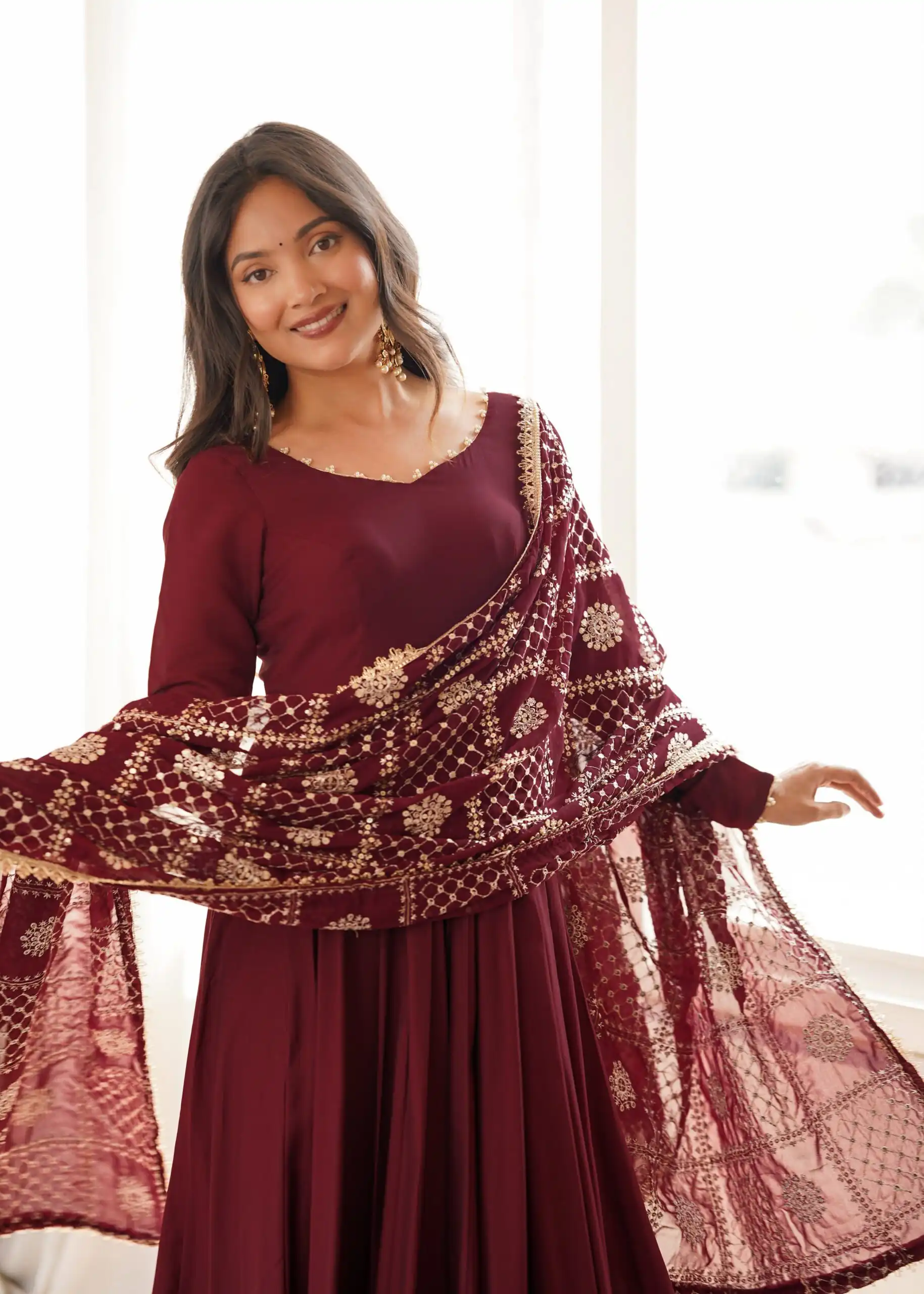 Super Maroon Roman Silk Chanderi Lace Work Anarkali Suit - Image 10