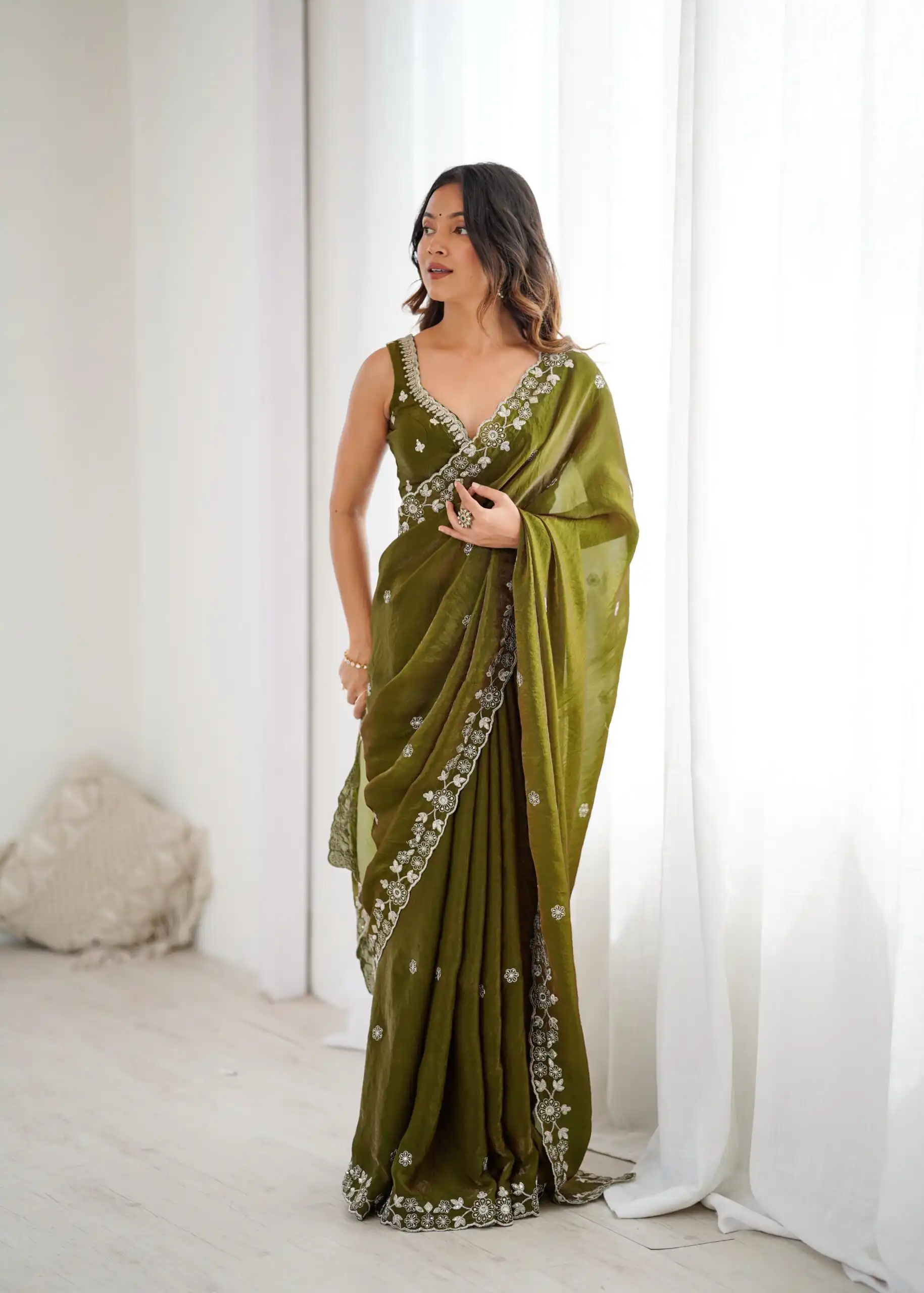 Super Mehandi Fendy Silk Sequins Work Saree - Image 4