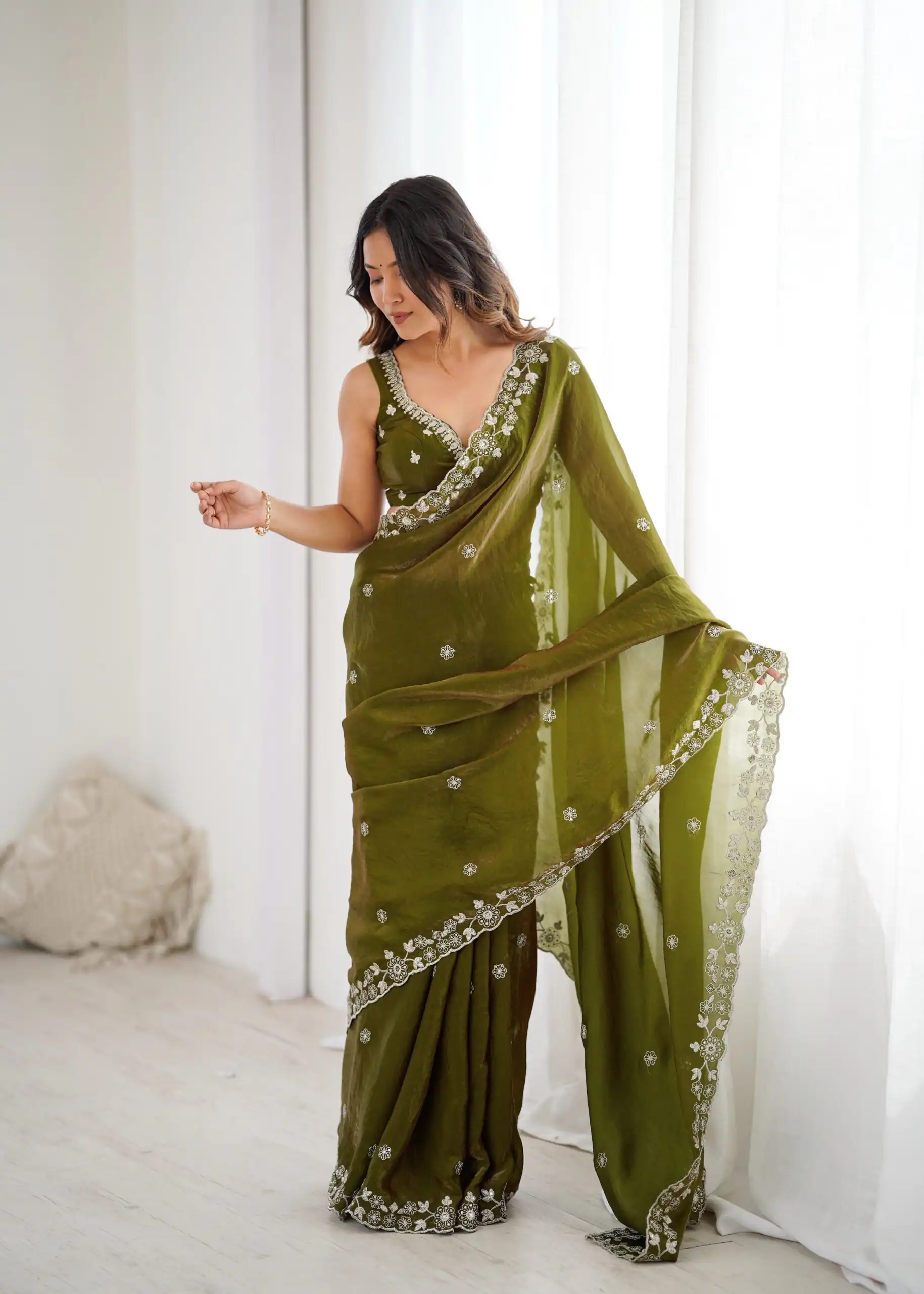 Super Mehandi Fendy Silk Sequins Work Saree - Image 3