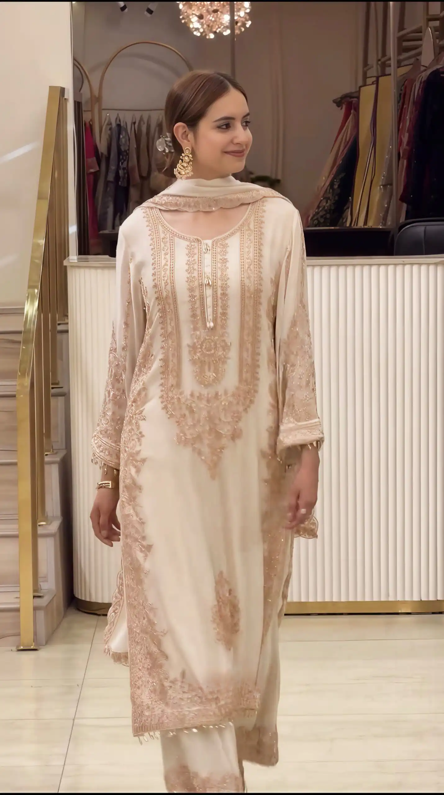 Super Off White Faux Georgette Embroider Work Salwar Suit - Image 2