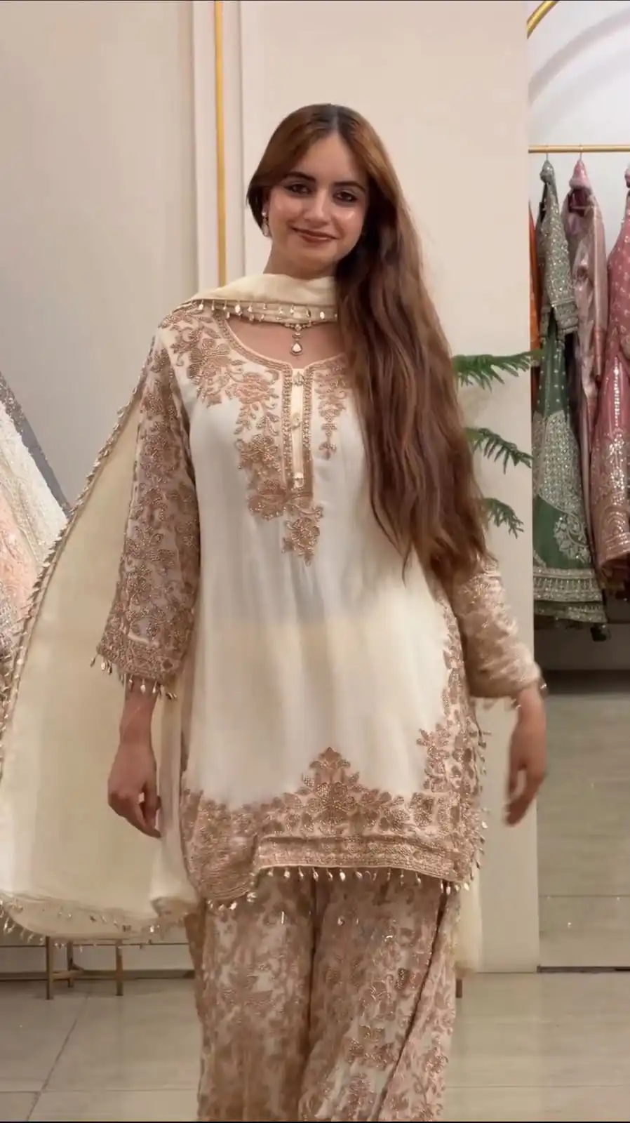 Super Off White Faux Georgette Embroider Work Salwar Suit - Image 4