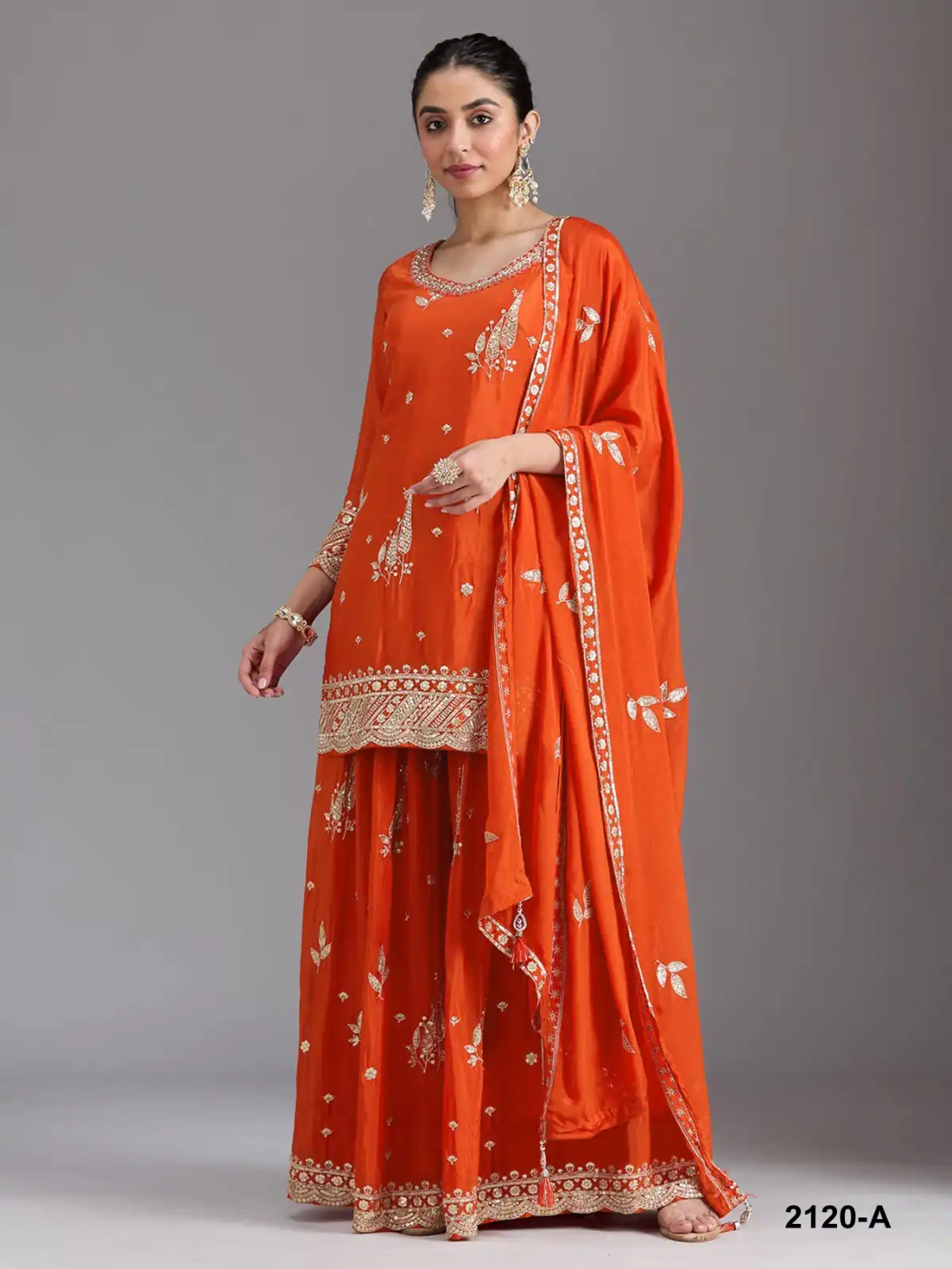 Super Orange Chinon Embroidery Work Salwar Suit