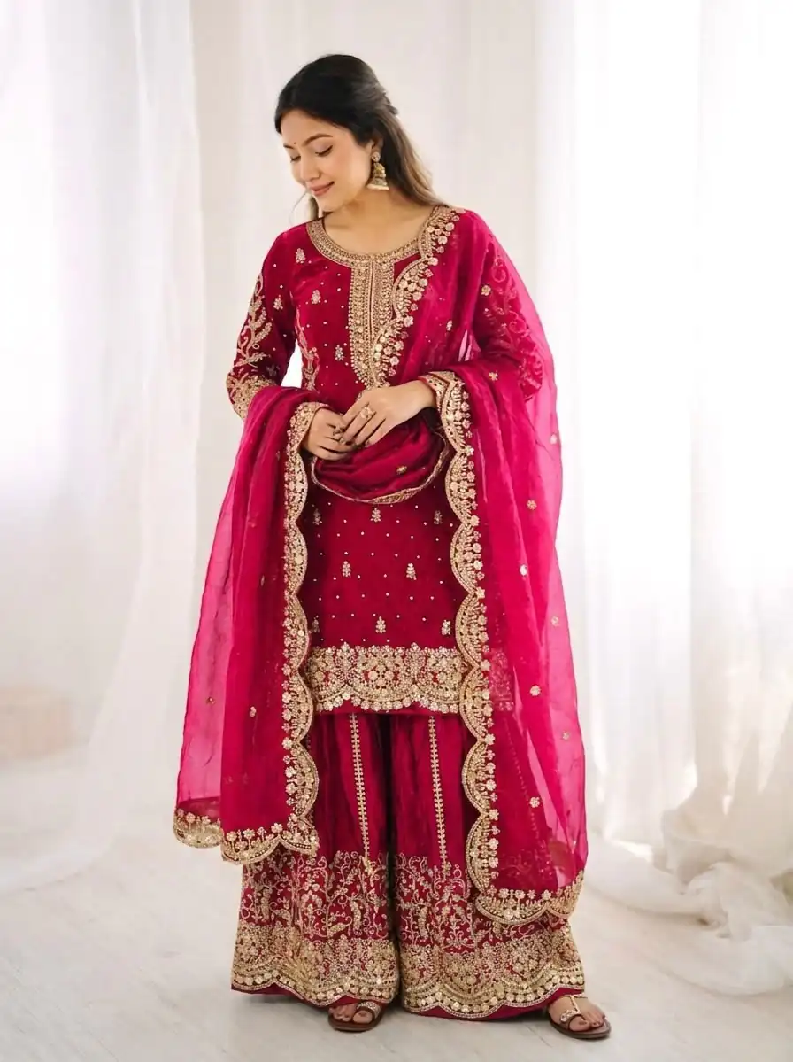 Super Pink Fendy Silk Embroidery Work Salwar Suit - Image 3