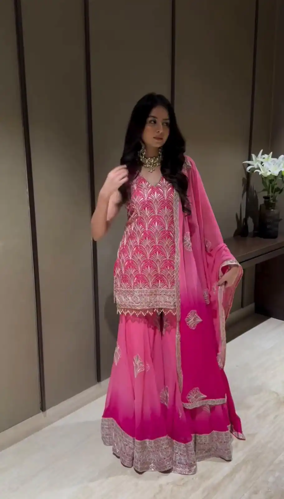 Super Pink Printed Faux Georgette Embroidery Work Salwar Suit - Image 5