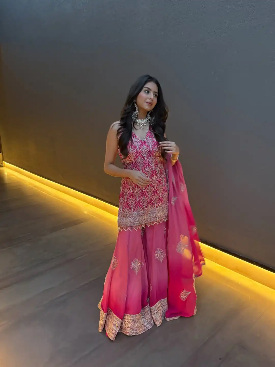 Super Pink Printed Faux Georgette Embroidery Work Salwar Suit - Image 3