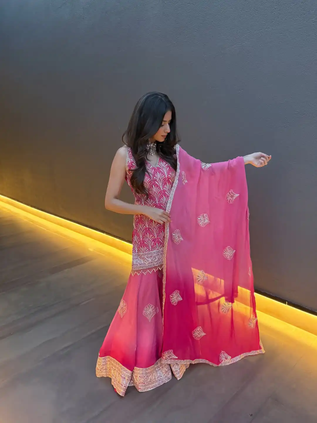 Super Pink Printed Faux Georgette Embroidery Work Salwar Suit - Image 2