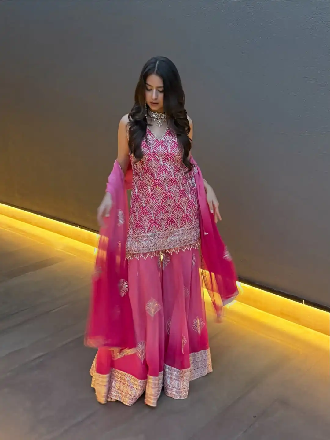 Super Pink Printed Faux Georgette Embroidery Work Salwar Suit