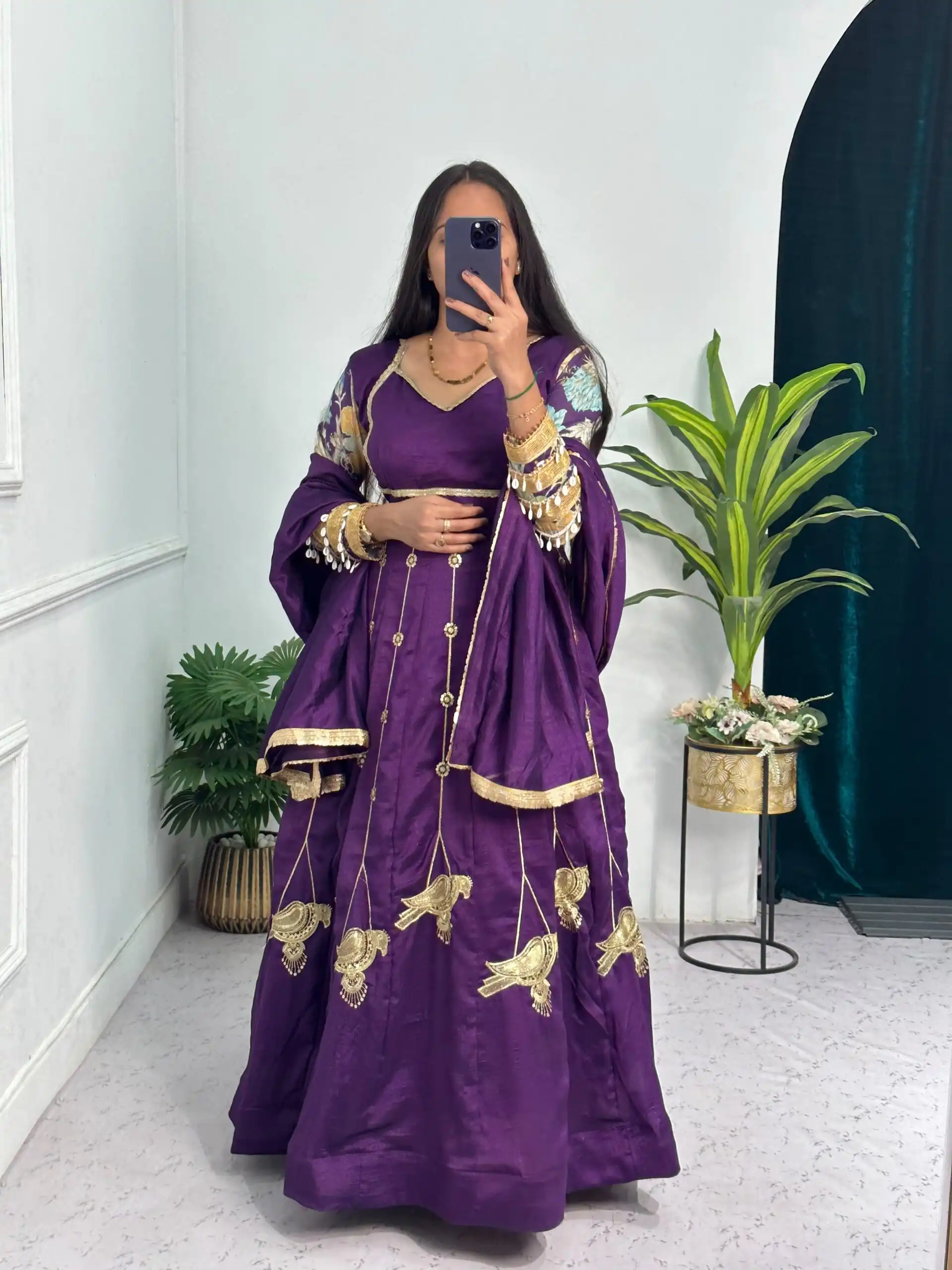 Super Purple Blooming Vichitra Embroidery Zari Work Gown - Image 7