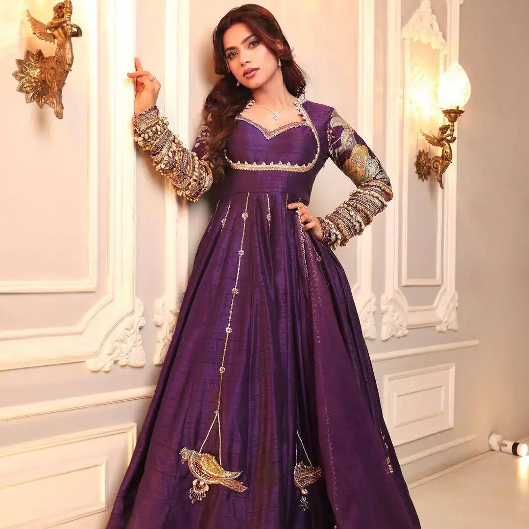 Super Purple Blooming Vichitra Embroidery Zari Work Gown - Image 5