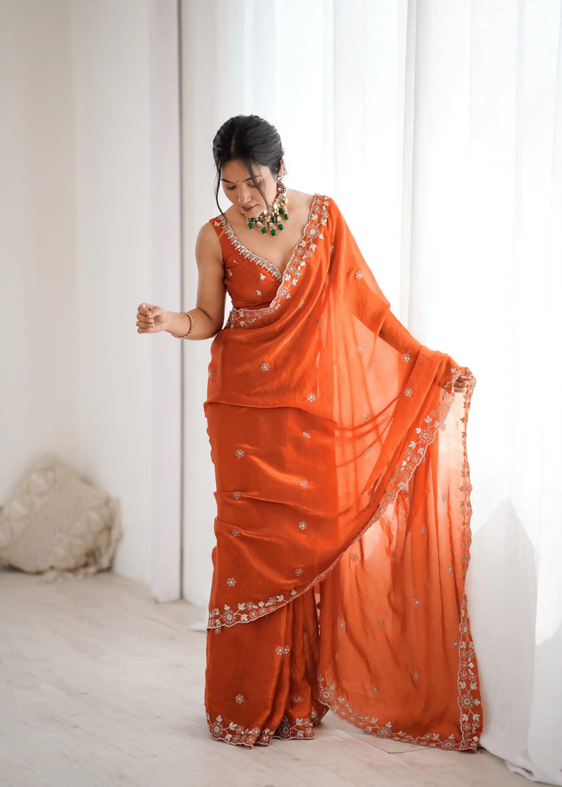 Super Rust Fendy Silk Sequins Work Saree - Image 4