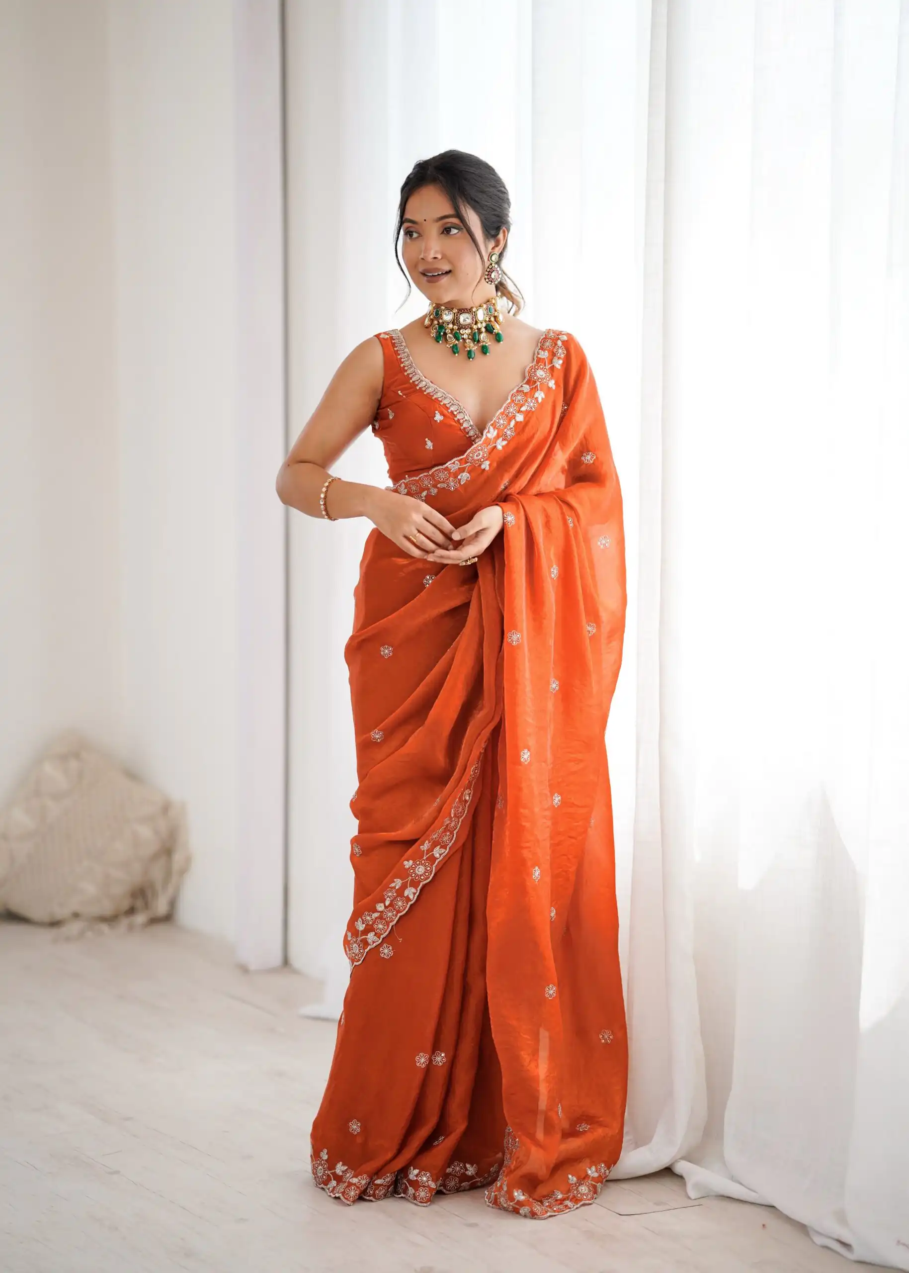 Super Rust Fendy Silk Sequins Work Saree