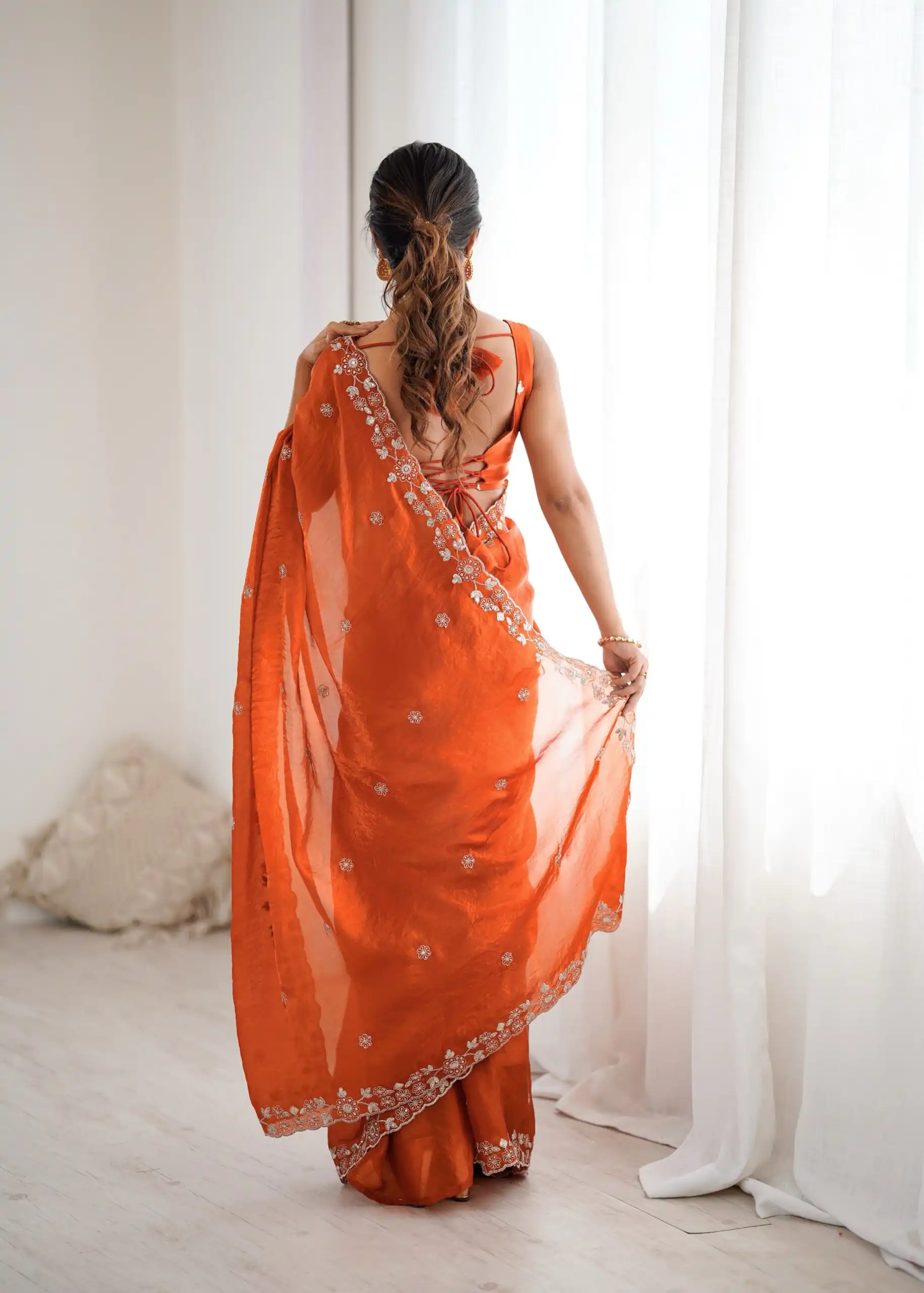 Super Rust Fendy Silk Sequins Work Saree - Image 5
