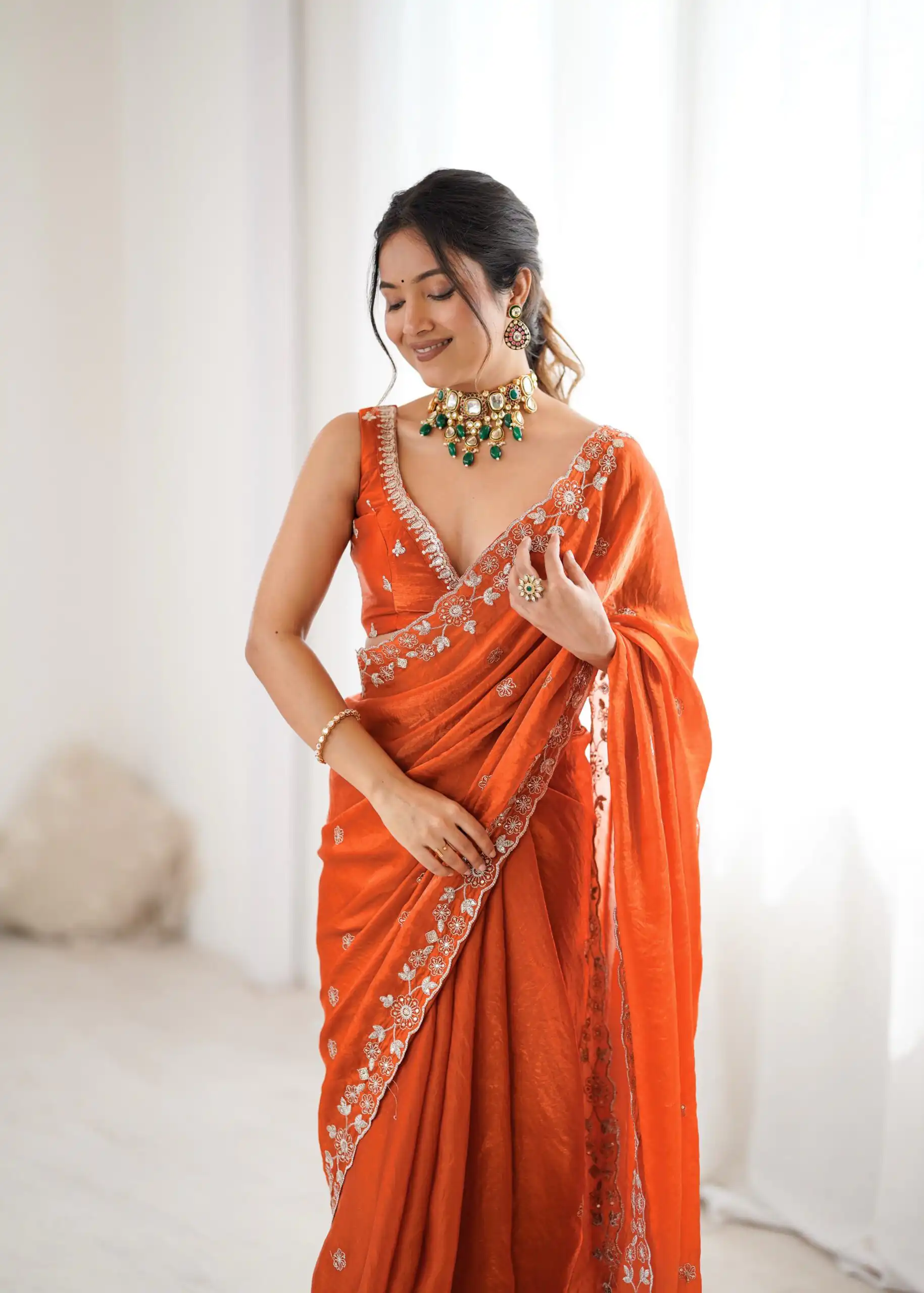 Super Rust Fendy Silk Sequins Work Saree - Image 6