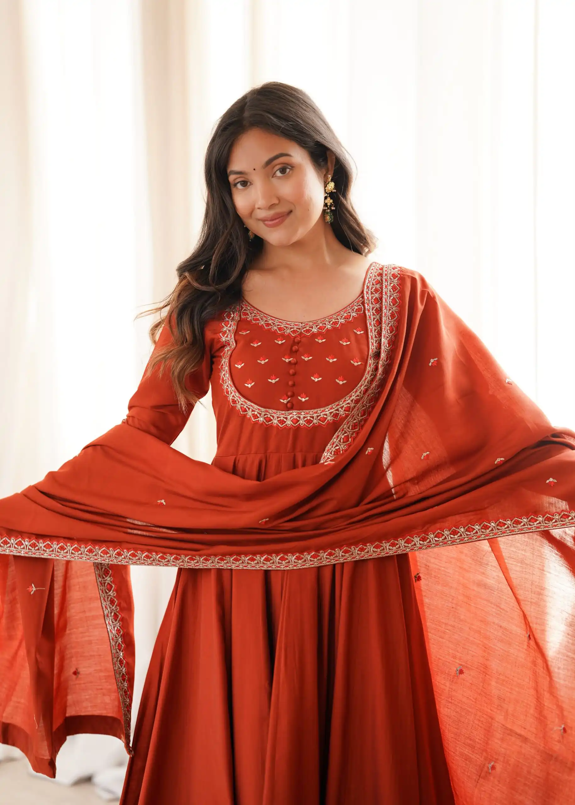Super Rust Roman Silk Chanderi Thread Work Anarkali Suit - Image 6