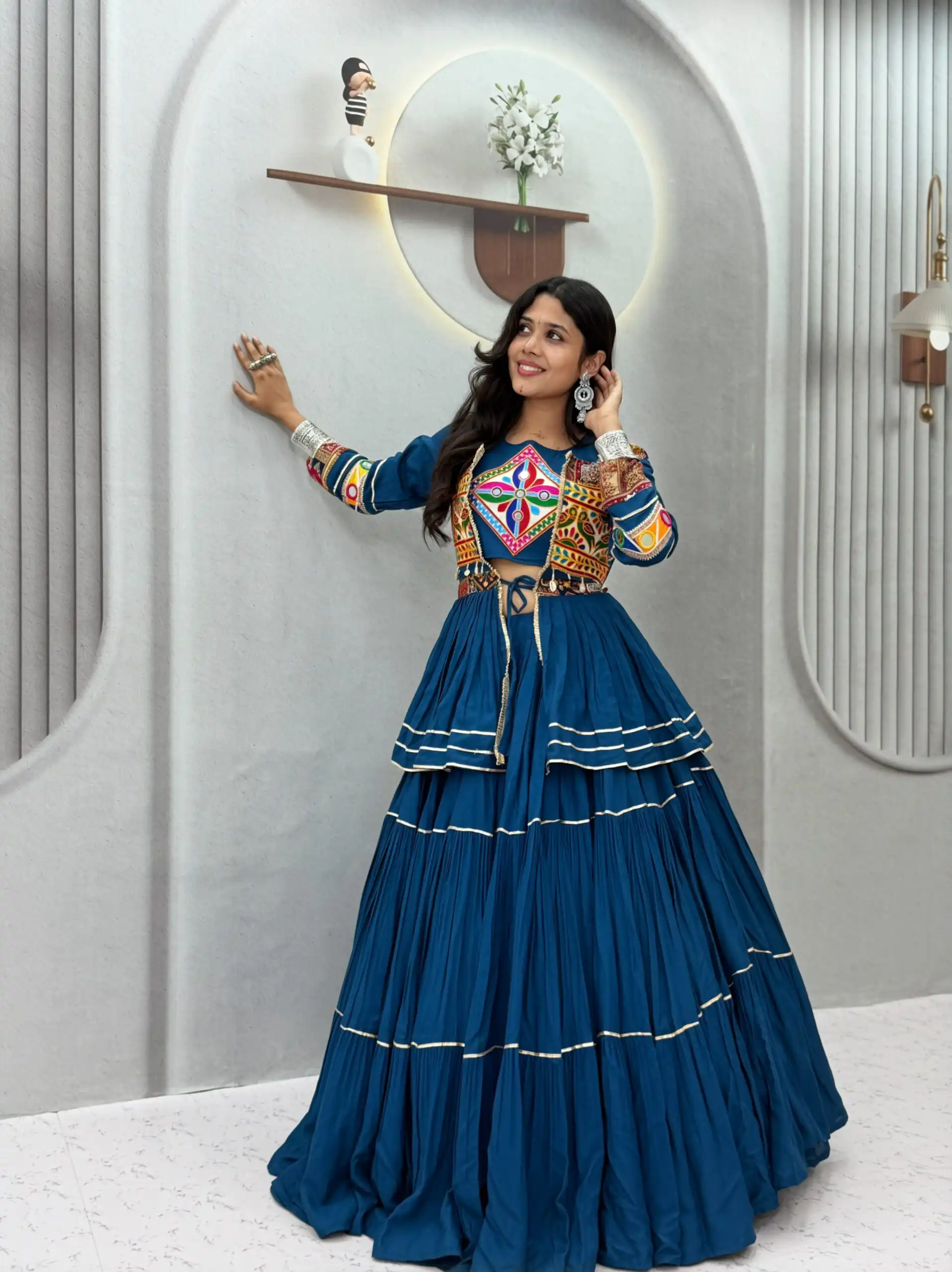Super Teal Cotton Mirror Gamthi Work Lehenga Choli - Image 5