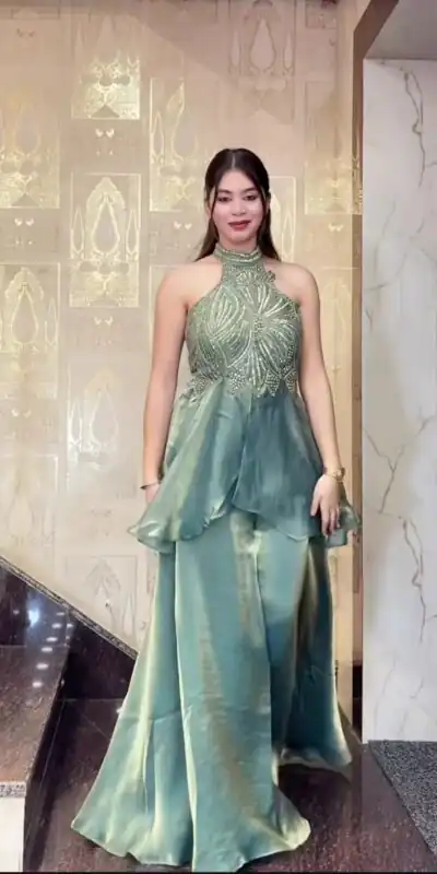 Alternative view of Super Teal Fendy Silk Bids Hand Work Salwar Suit