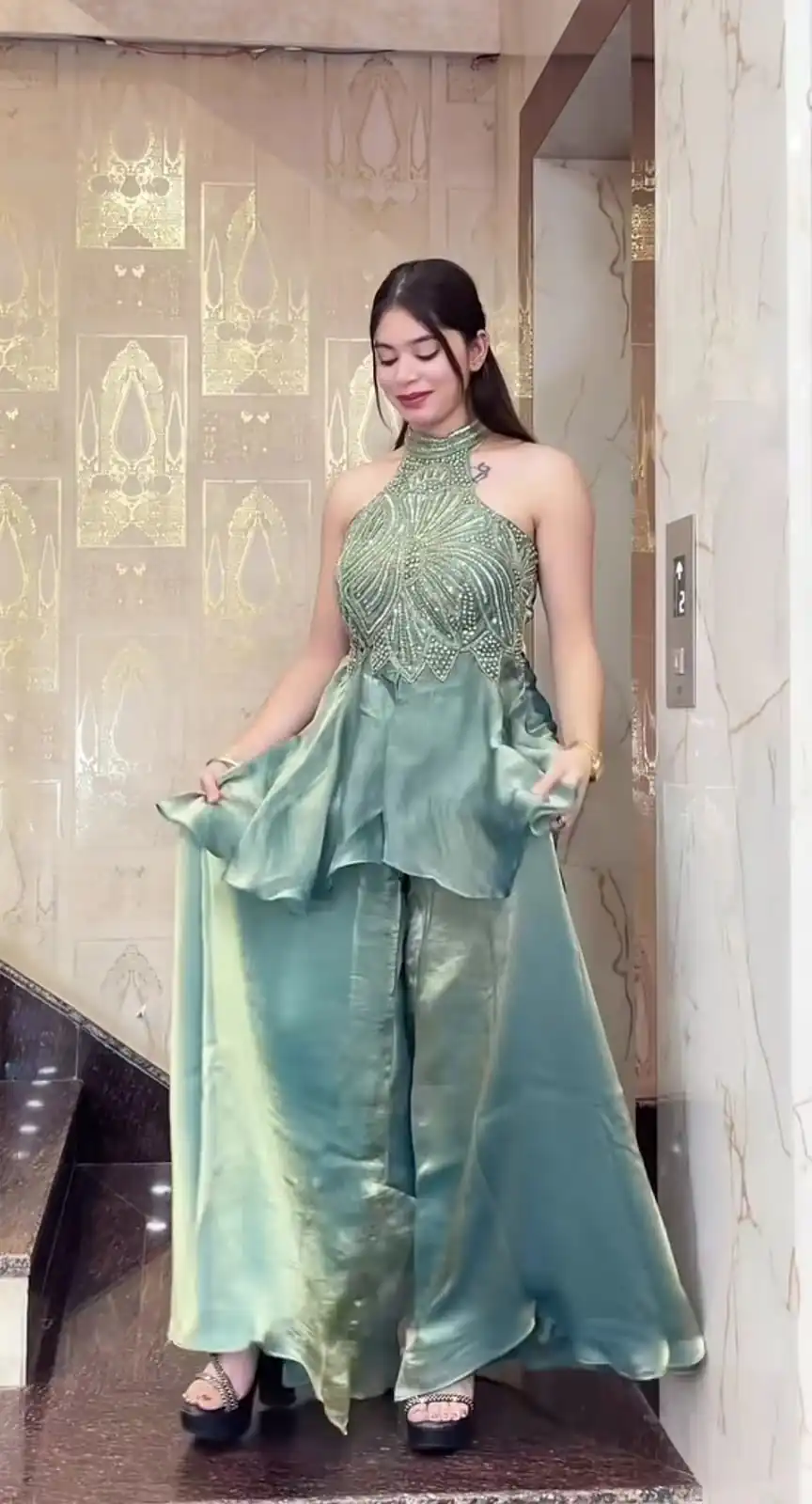 Super Teal Fendy Silk Bids Hand Work Salwar Suit