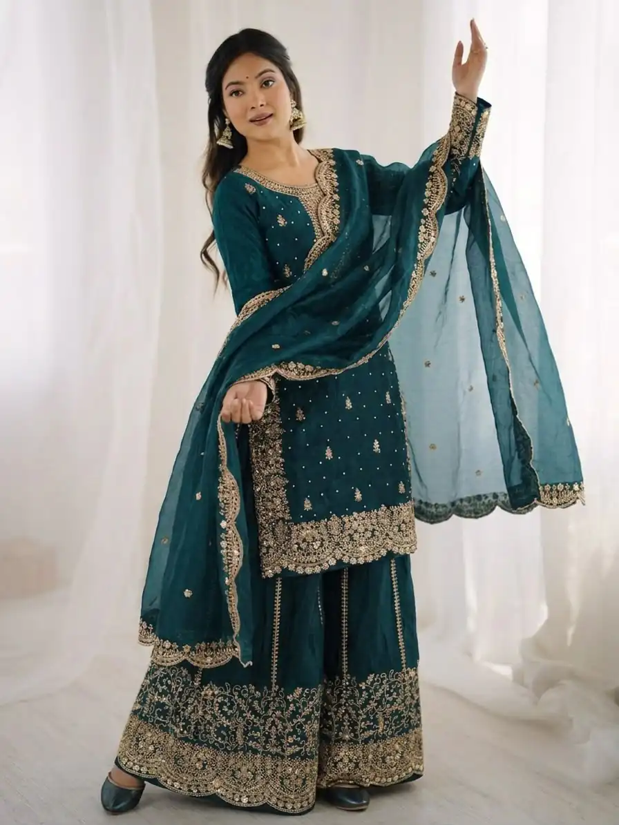 Super Teal Fendy Silk Embroider Work Salwar Suit - Image 3