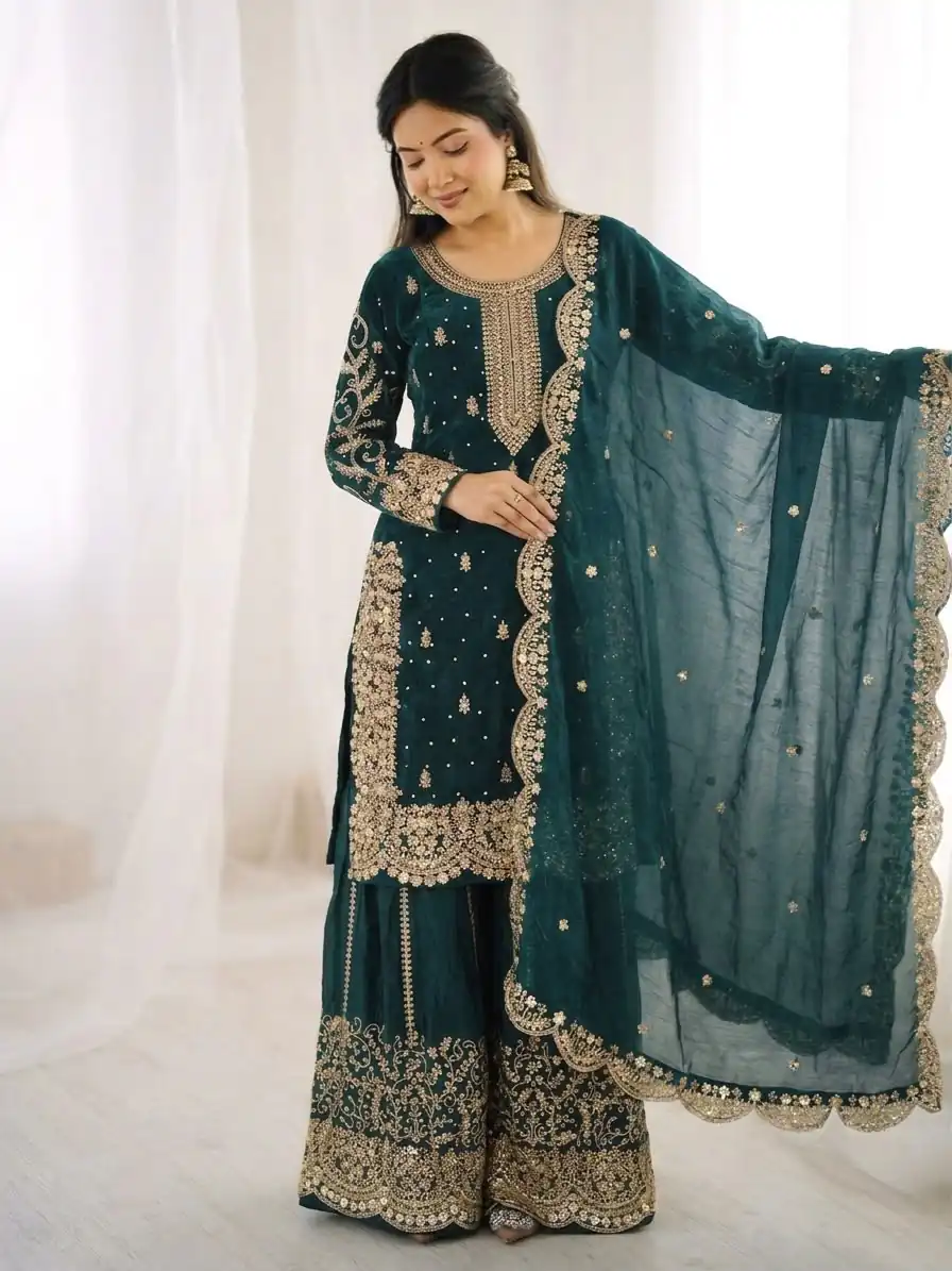Super Teal Fendy Silk Embroider Work Salwar Suit - Image 2