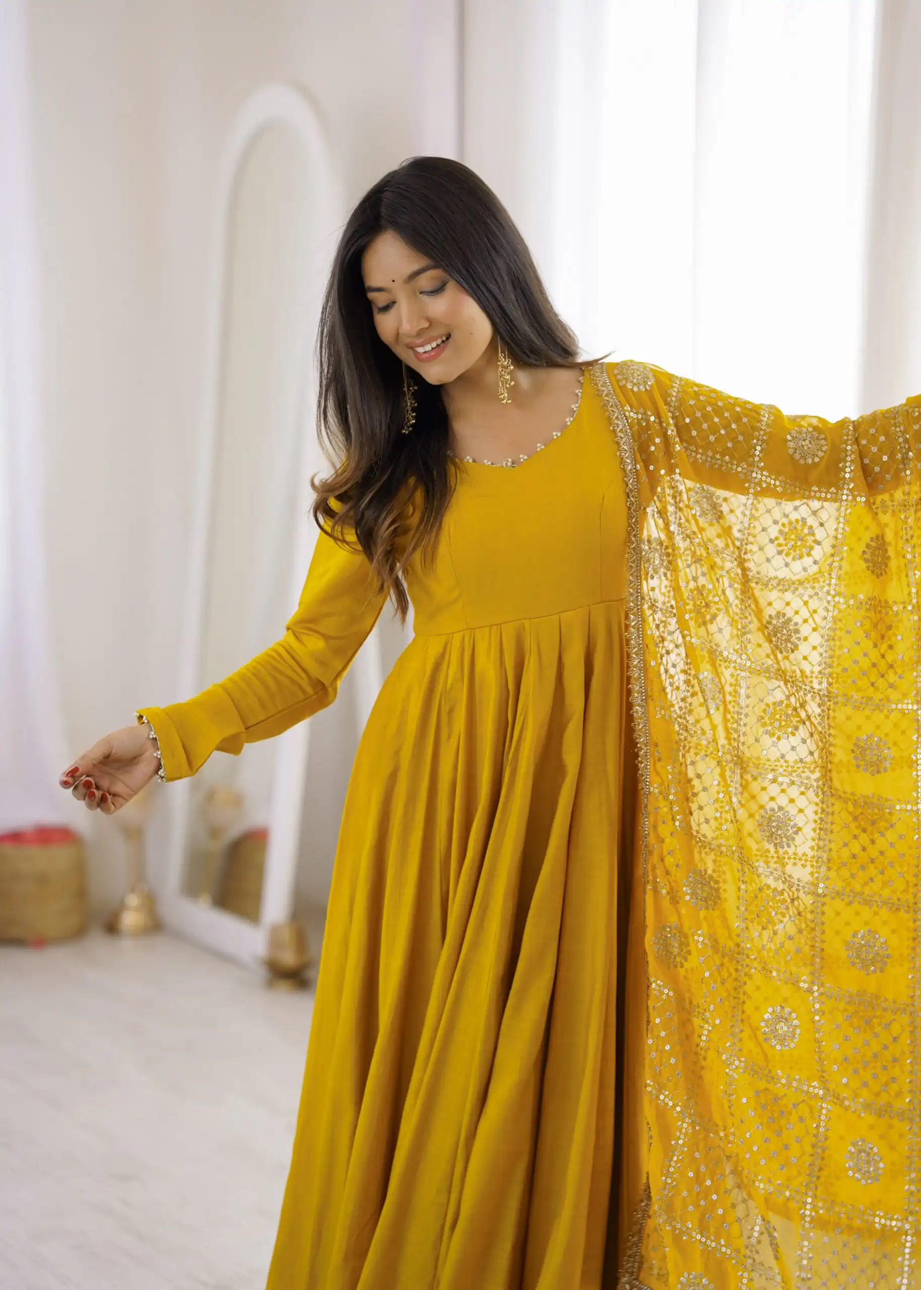 Super Yellow Roman Silk Chanderi Lace Work Anarkali Suit - Image 8